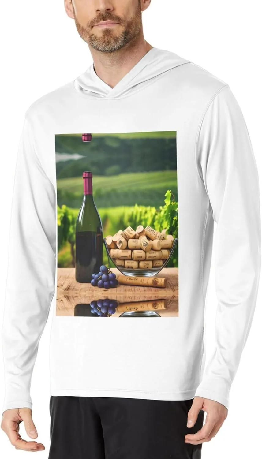 Wine Bottle Corks Grapes Print Versatile Hoodie Stylish Sweatshirt Men Gym Workout Hooded Long-Sleeved T-Shirt