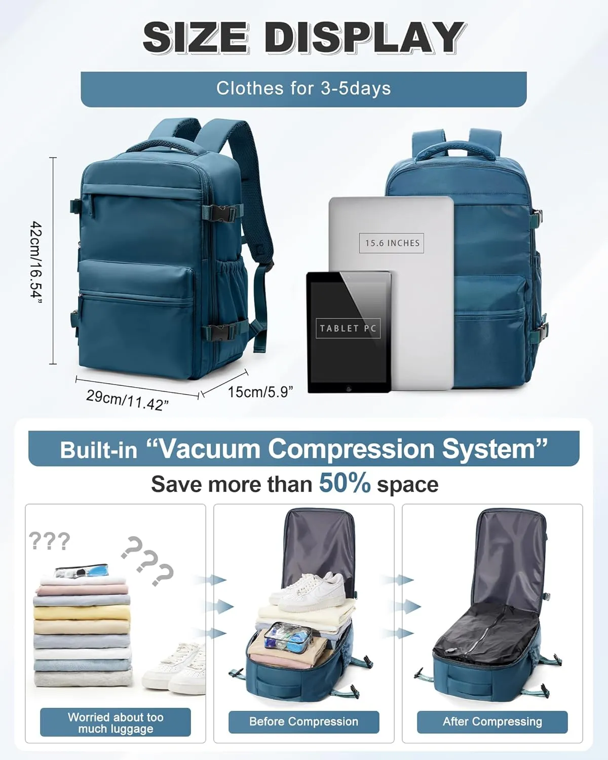 winspansy Large Travel Backpack Storage Vacuum Compression Bags with Pump for Travel Storage Carry on Business Day Vacpack Backpack for Women Men with Vacuum College Bag Blue