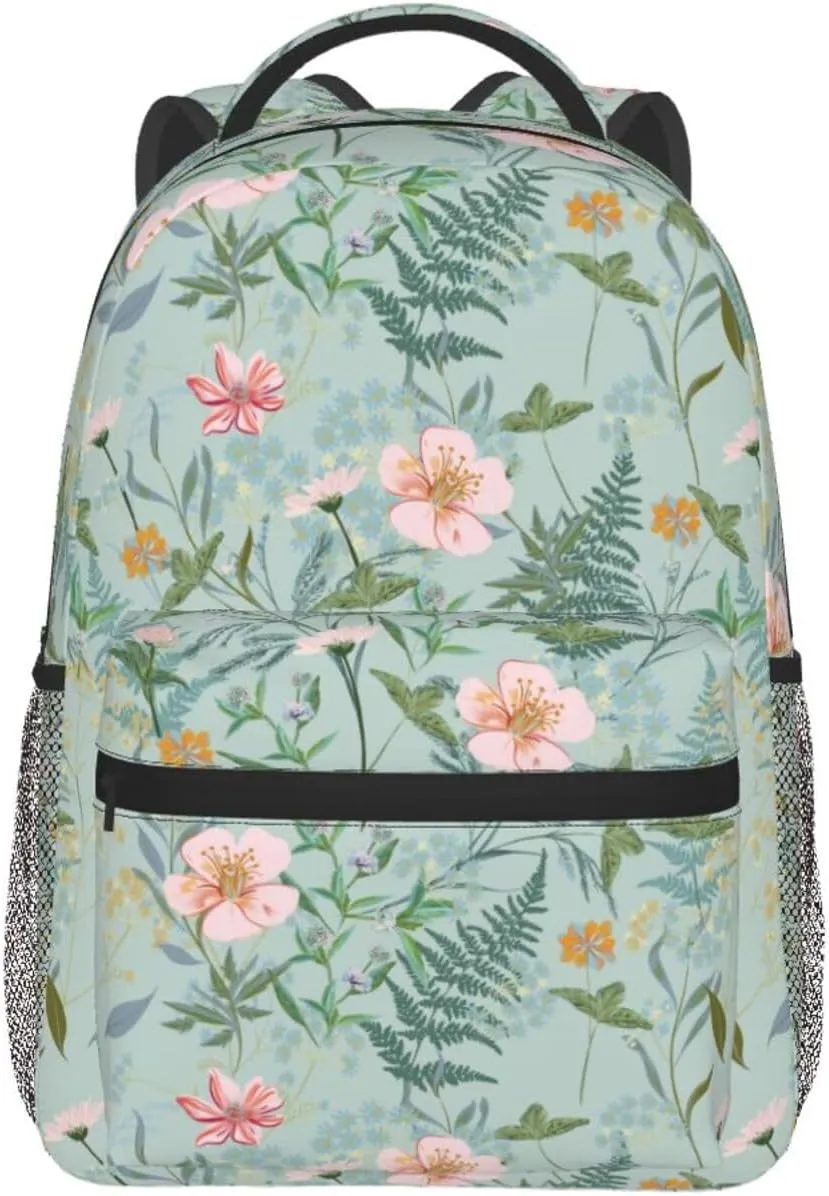 With Pastel Flowers Light Green Flower Backpack Lightweight Laptop Backpack Casual Daypack Travel Double Shoulder Bag For Women Men