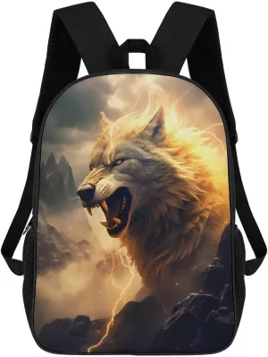 Wolf in Mountains with Thunder Surrounding Printed Backpack 17 Inch Travel Dayback Shoulder Back Pack Laptop Bag for Men Women