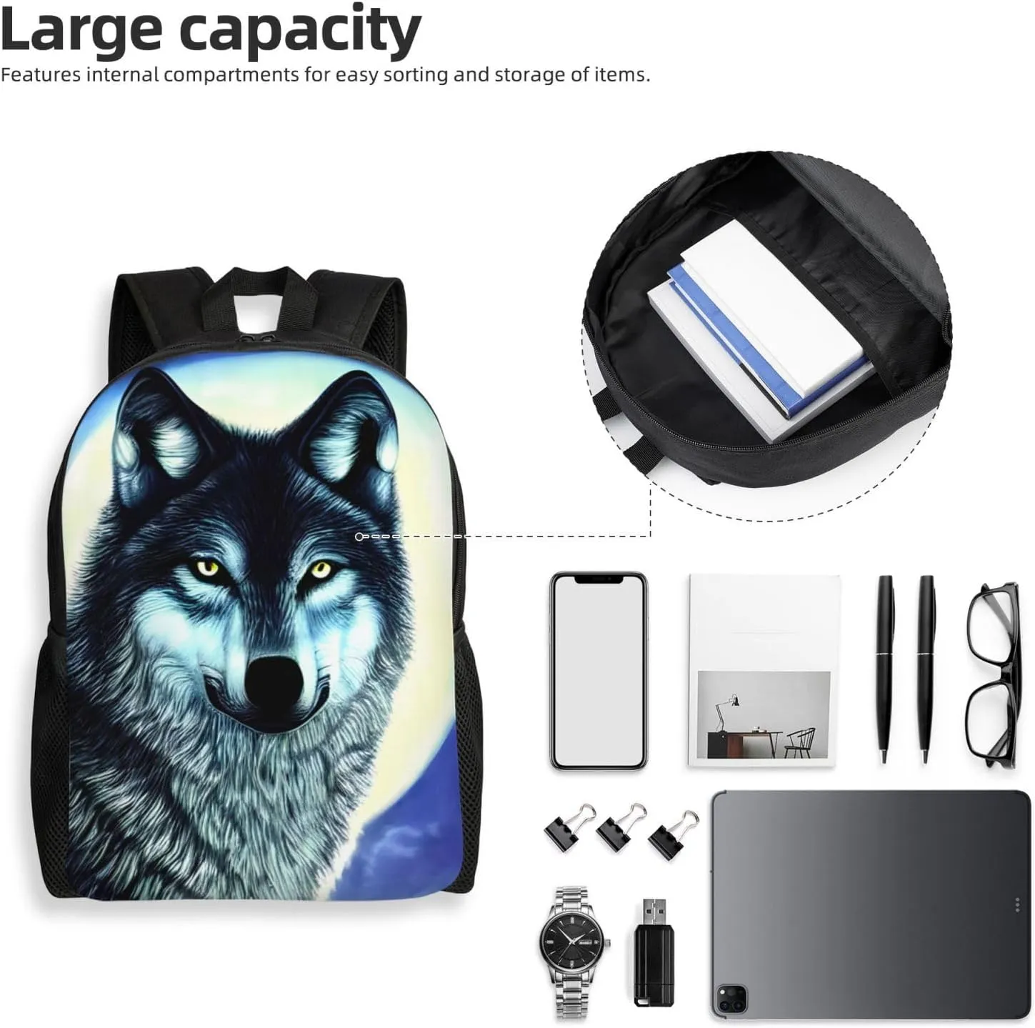 wolf under moon Printed Travel Laptop Backpack for Men Women, Funny Daily Use Computer Bag, Waterproof Casual Daypack