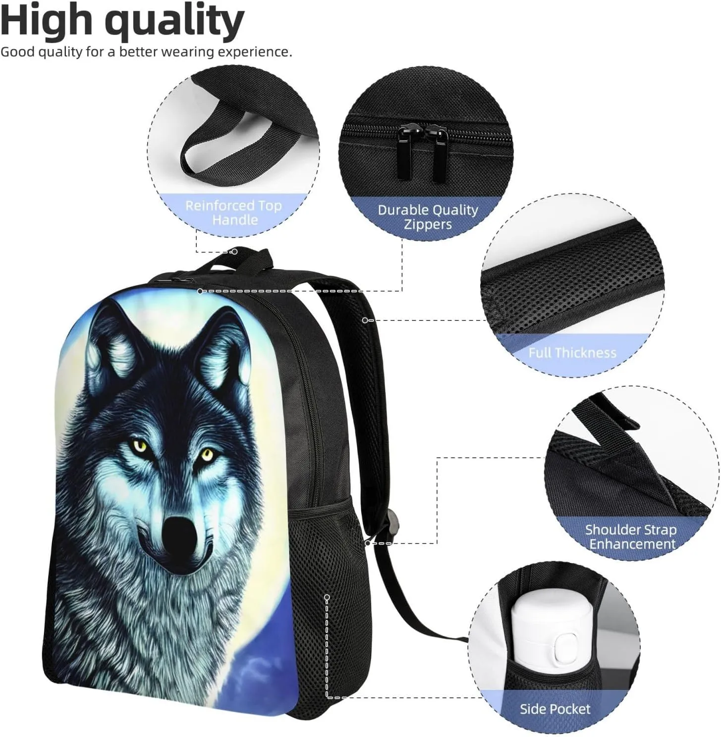 wolf under moon Printed Travel Laptop Backpack for Men Women, Funny Daily Use Computer Bag, Waterproof Casual Daypack