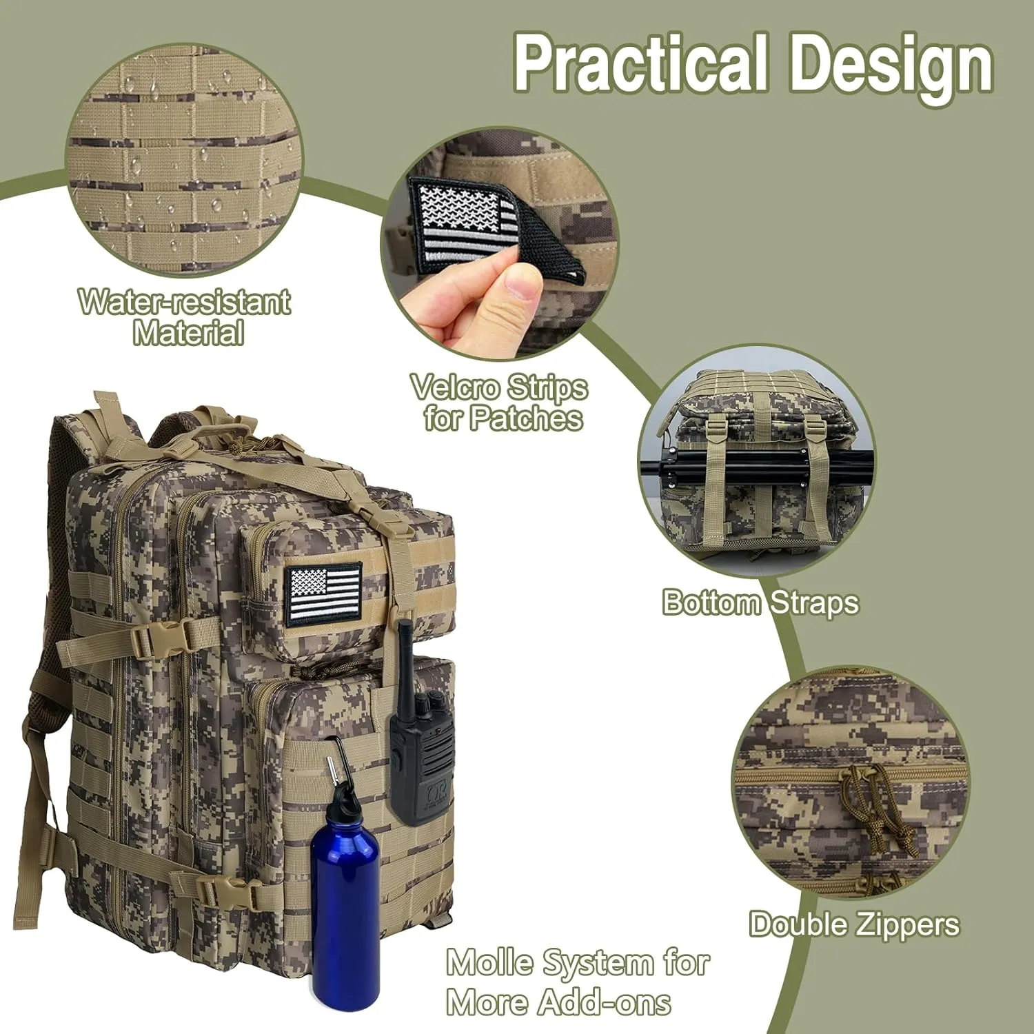 WOLT | Tactical Backpack for Men 45L Military Backpack Large 3 Day Assault Pack Molle Rucking Bag for Hiking Survival, Camouflage Khaki