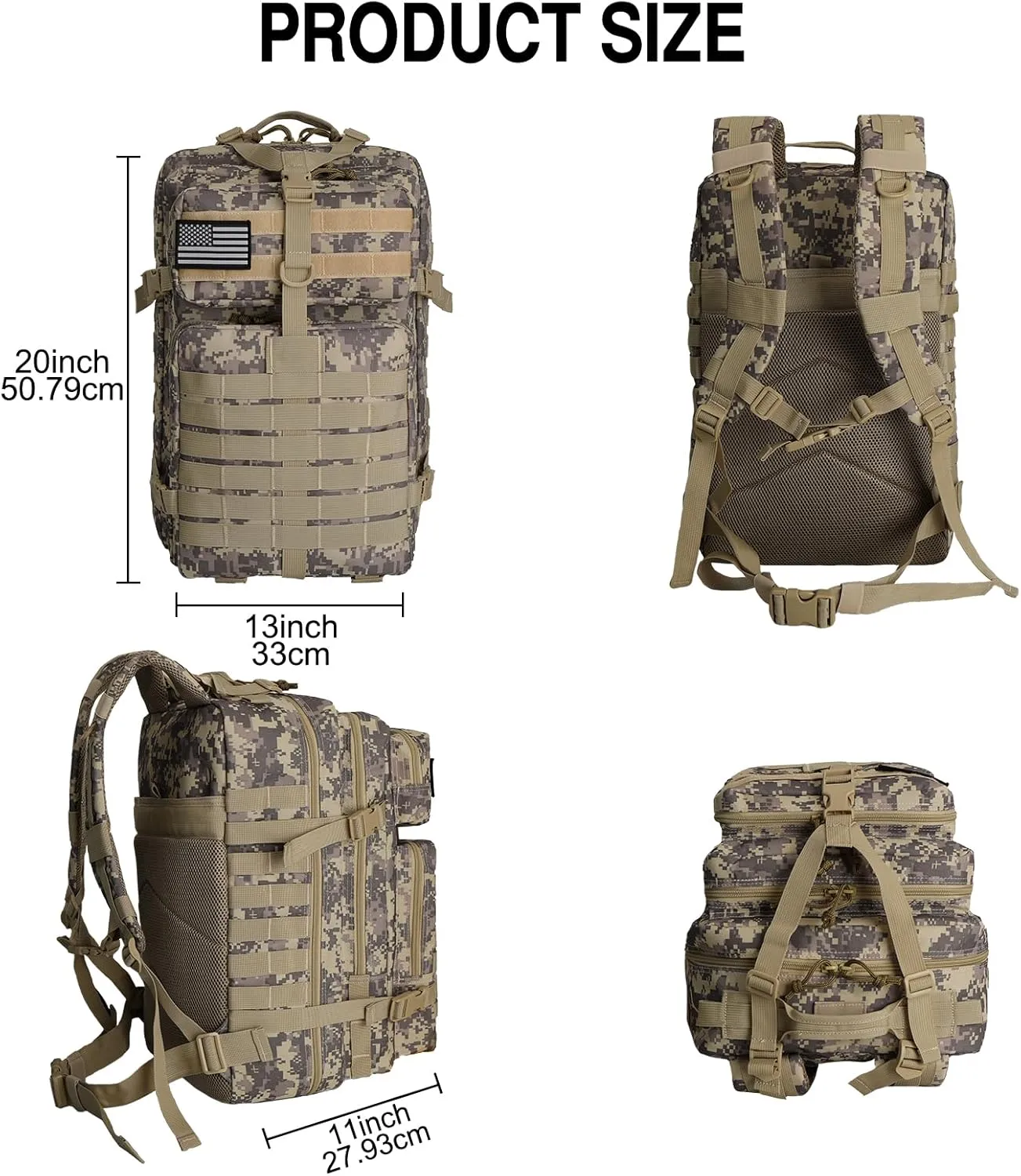 WOLT | Tactical Backpack for Men 45L Military Backpack Large 3 Day Assault Pack Molle Rucking Bag for Hiking Survival, Camouflage Khaki