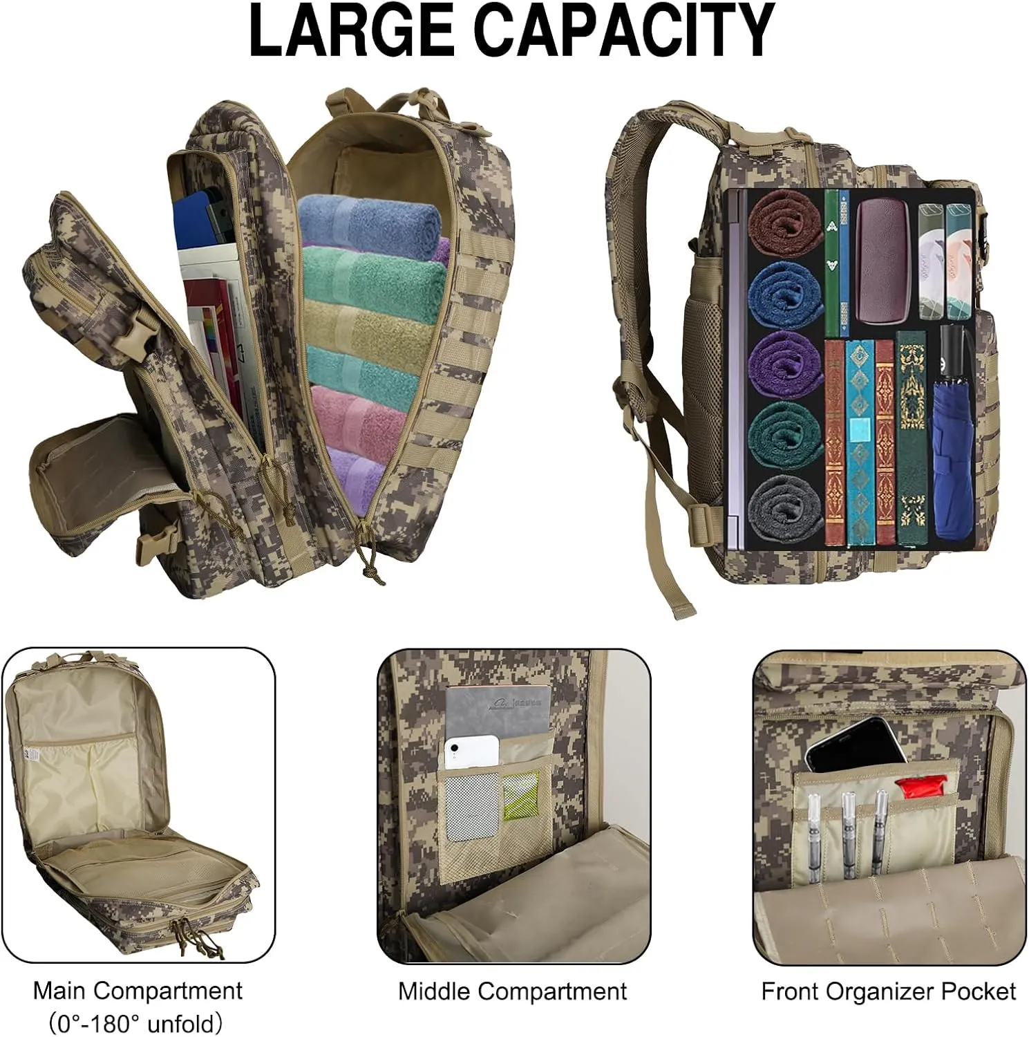 WOLT | Tactical Backpack for Men 45L Military Backpack Large 3 Day Assault Pack Molle Rucking Bag for Hiking Survival, Camouflage Khaki