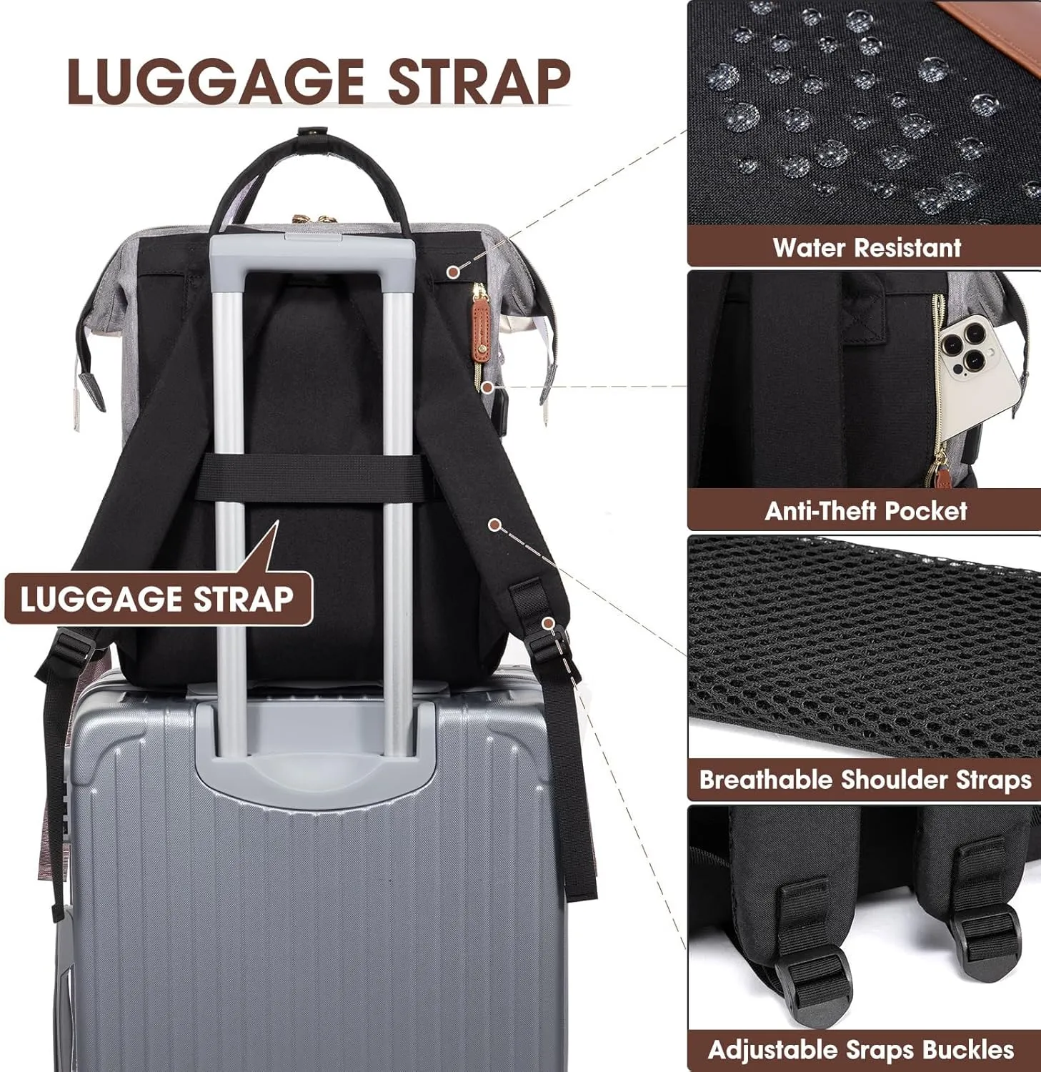 Women Laptop Backpack Work Bag: 17 inch Travel Computer Backpacks for Nurse Teacher Waterproof College Bookbag with USB Charger Anti-theft Casual Business Backpack Purse Black Grey Brown