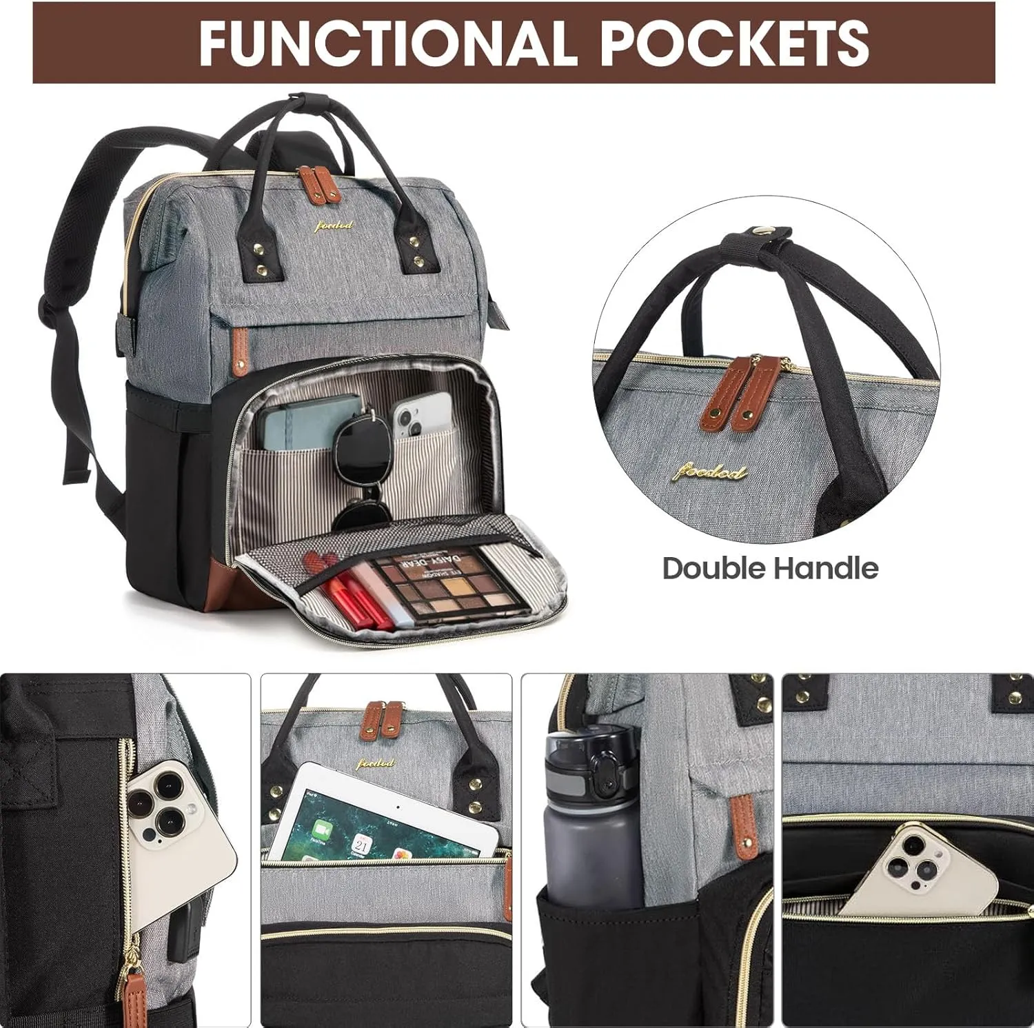 Women Laptop Backpack Work Bag: 17 inch Travel Computer Backpacks for Nurse Teacher Waterproof College Bookbag with USB Charger Anti-theft Casual Business Backpack Purse Black Grey Brown