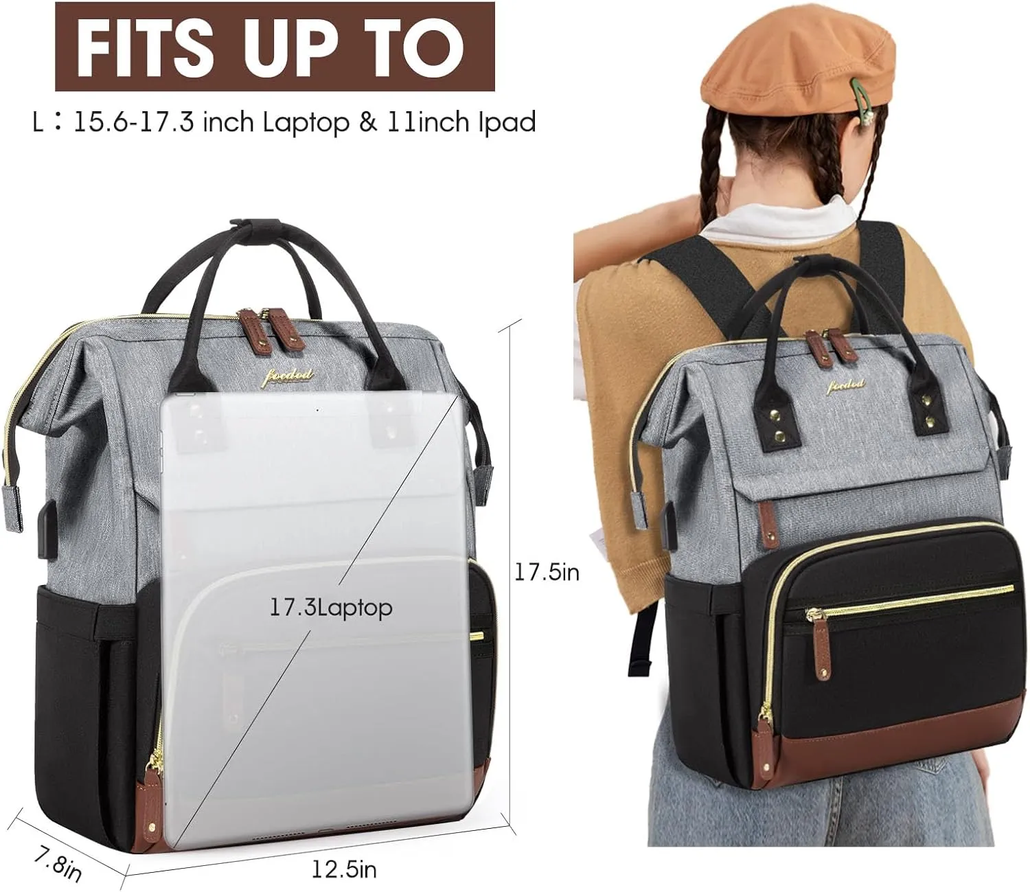Women Laptop Backpack Work Bag: 17 inch Travel Computer Backpacks for Nurse Teacher Waterproof College Bookbag with USB Charger Anti-theft Casual Business Backpack Purse Black Grey Brown