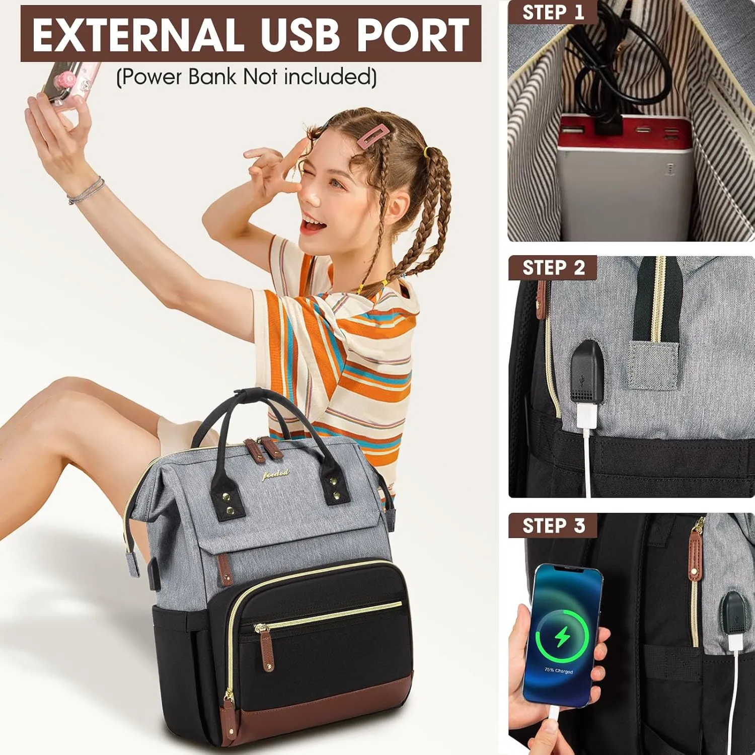 Women Laptop Backpack Work Bag: 17 inch Travel Computer Backpacks for Nurse Teacher Waterproof College Bookbag with USB Charger Anti-theft Casual Business Backpack Purse Black Grey Brown