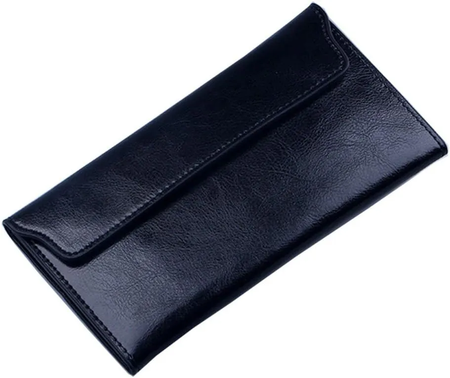 Women Long Wallet Genuine Cowhide Leather Cards Holder Clutch Purse Phone Bag (Black)