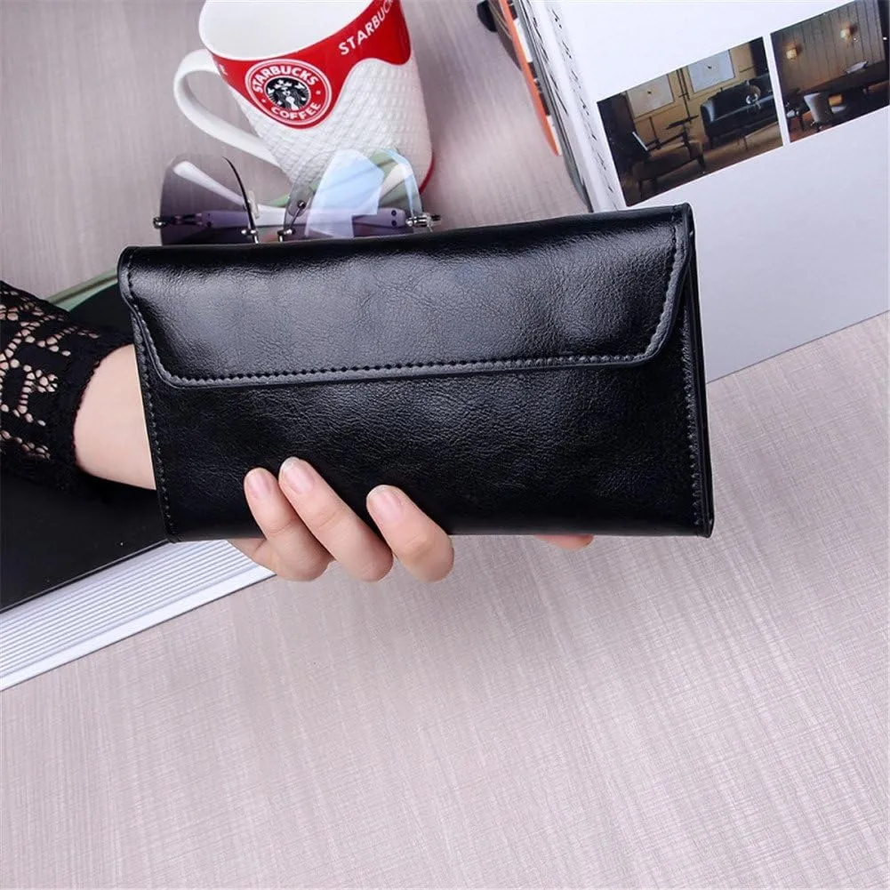 Women Long Wallet Genuine Cowhide Leather Cards Holder Clutch Purse Phone Bag (Black)