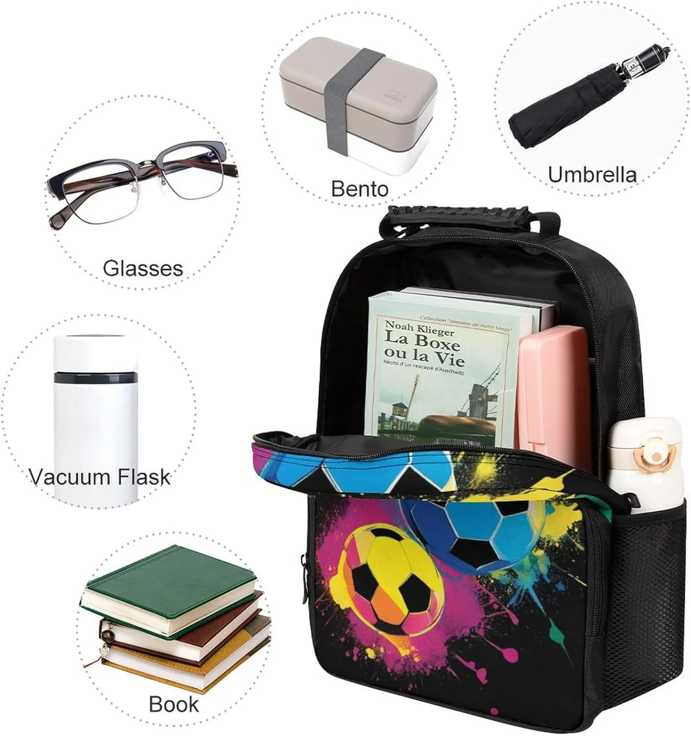 Women Men Polyester Colorful Paint Splash Ink Soccer Ball Football Black Casual Daypack Large Capacity Bookbag With Side Pockets for Sports Picnic Walking Cycling