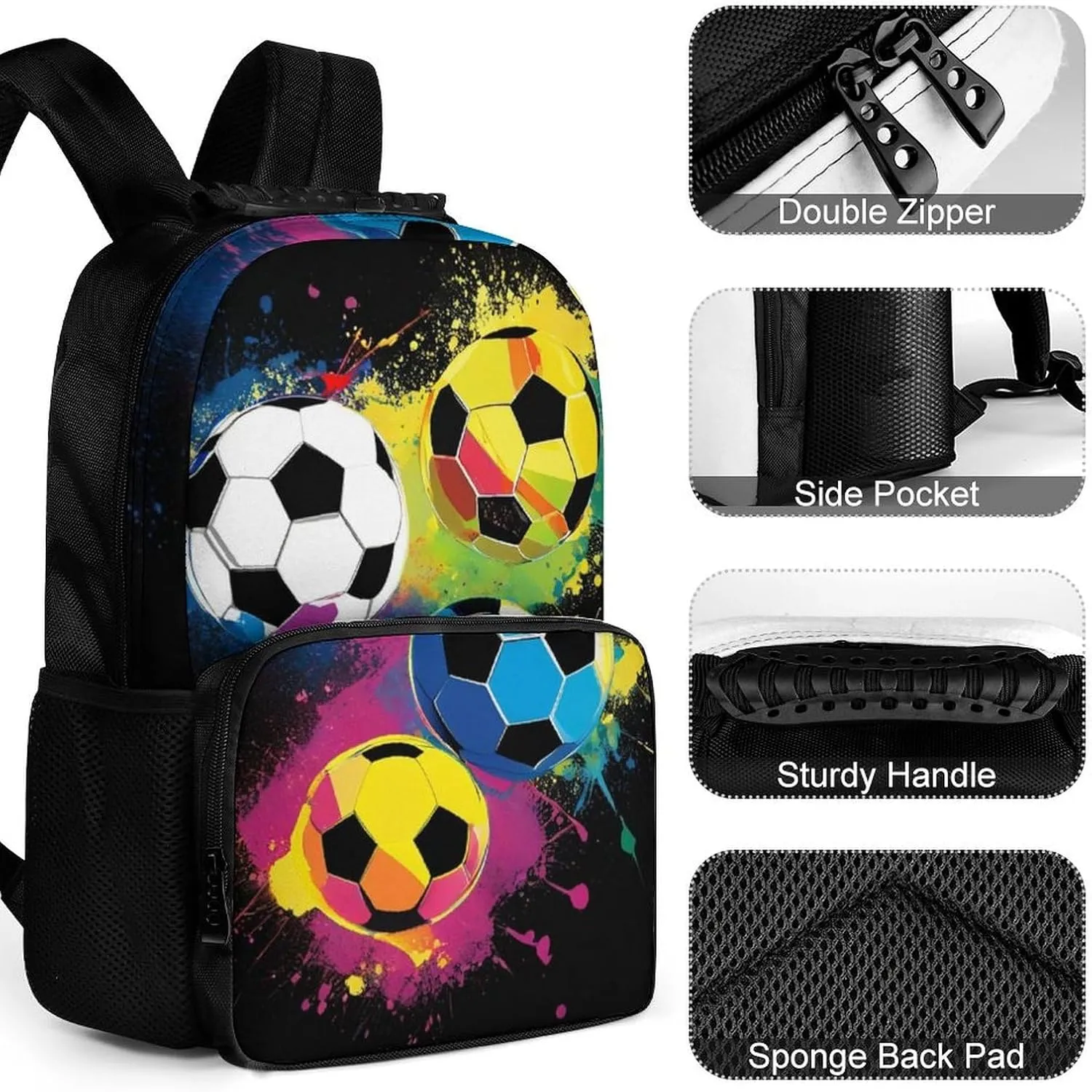 Women Men Polyester Colorful Paint Splash Ink Soccer Ball Football Black Casual Daypack Large Capacity Bookbag With Side Pockets for Sports Picnic Walking Cycling