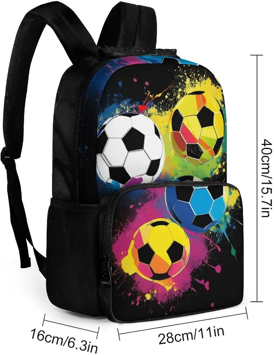 Women Men Polyester Colorful Paint Splash Ink Soccer Ball Football Black Casual Daypack Large Capacity Bookbag With Side Pockets for Sports Picnic Walking Cycling