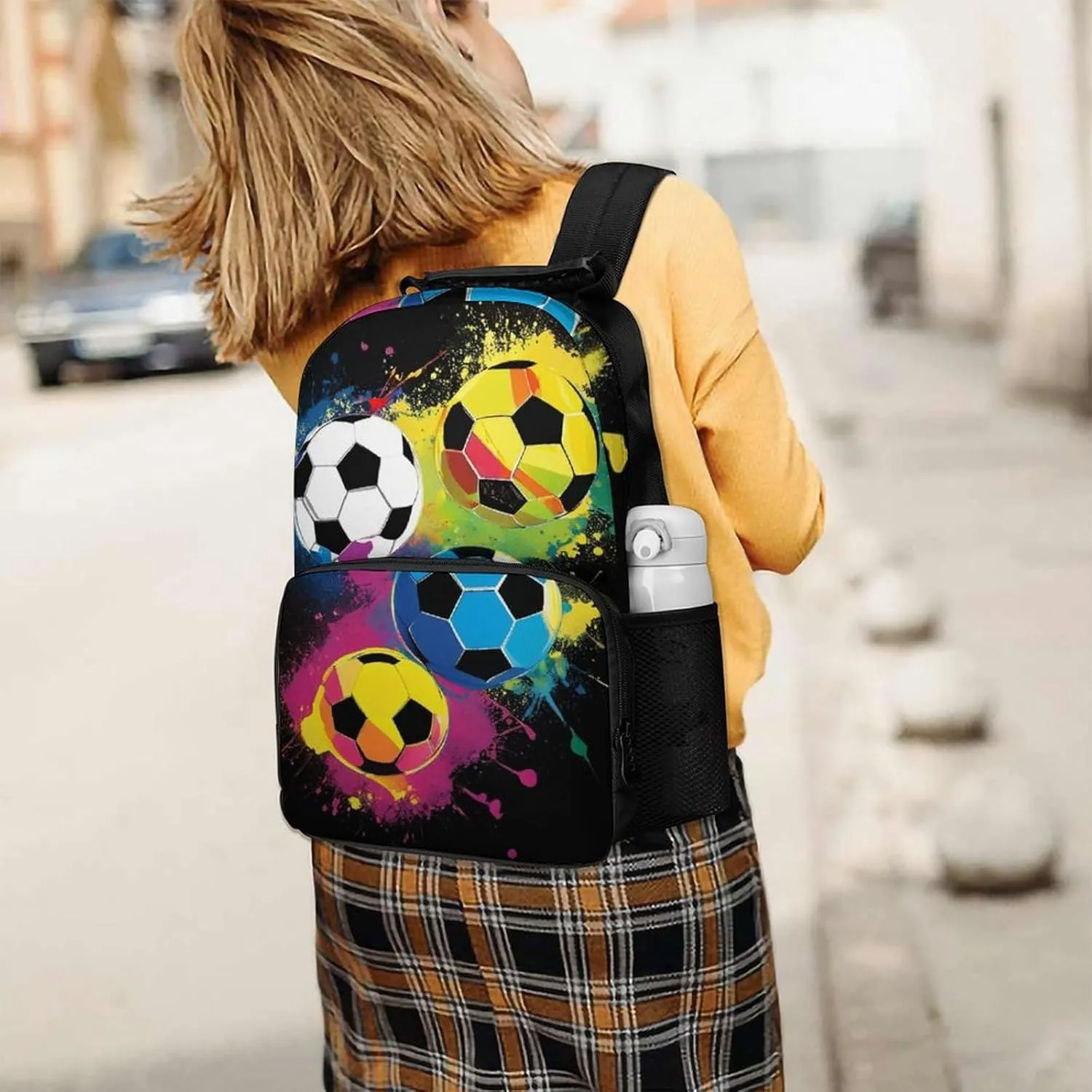 Women Men Polyester Colorful Paint Splash Ink Soccer Ball Football Black Casual Daypack Large Capacity Bookbag With Side Pockets for Sports Picnic Walking Cycling