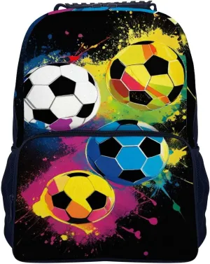 Women Men Polyester Colorful Paint Splash Ink Soccer Ball Football Black Casual Daypack Large Capacity Bookbag With Side Pockets for Sports Picnic Walking Cycling