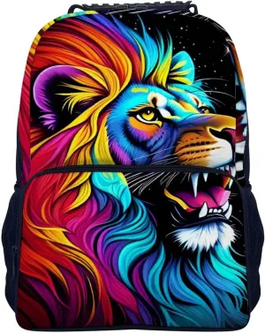 Women Men Polyester Cool Lion In The Universe Surreal Style Splatter Art Casual Daypack Large Capacity Bookbag With Side Pockets for Sports Picnic Walking Cycling
