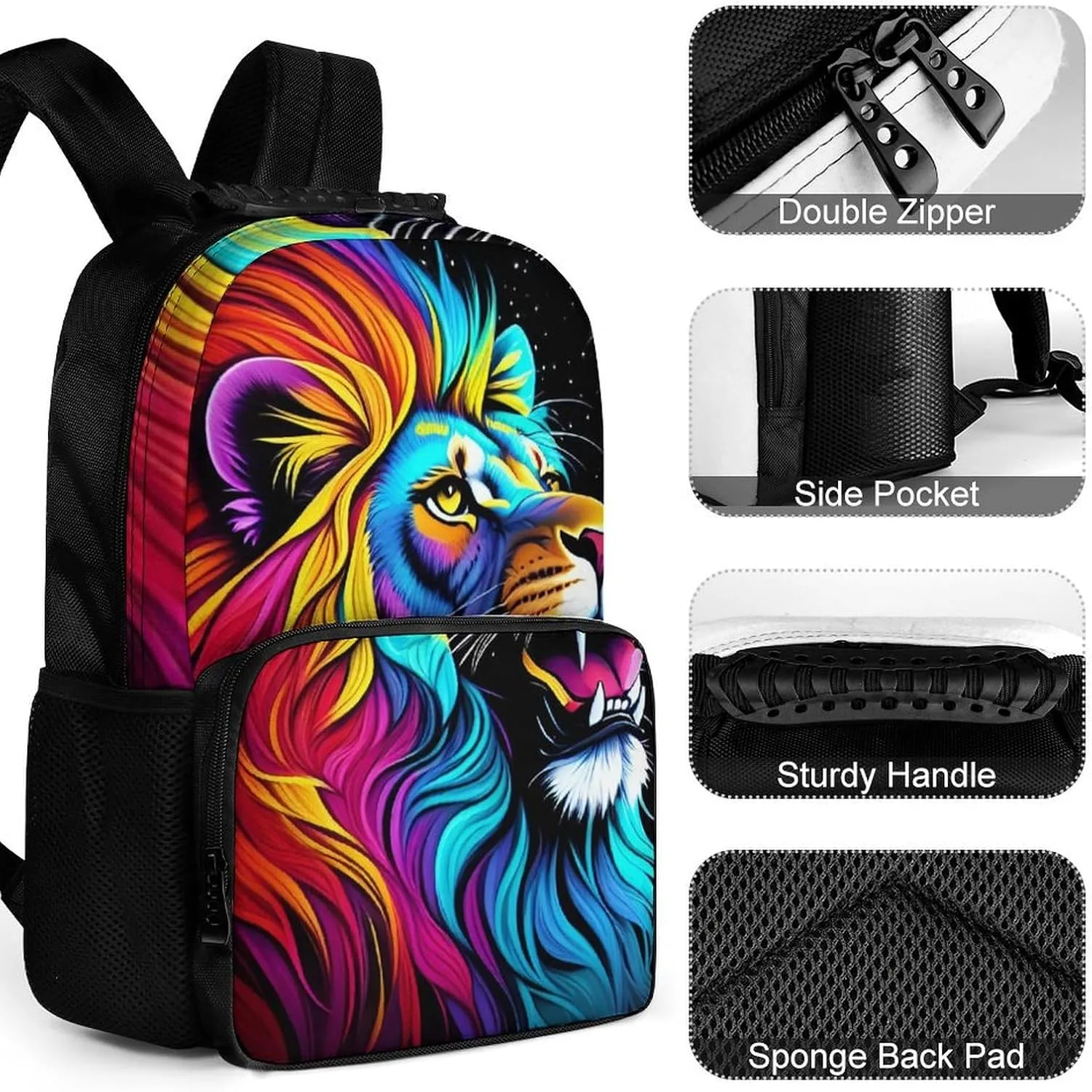 Women Men Polyester Cool Lion In The Universe Surreal Style Splatter Art Casual Daypack Large Capacity Bookbag With Side Pockets for Sports Picnic Walking Cycling