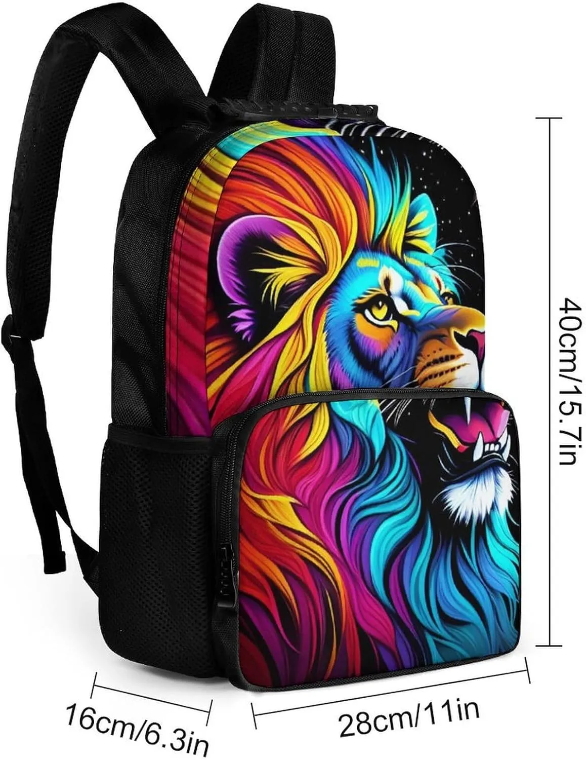 Women Men Polyester Cool Lion In The Universe Surreal Style Splatter Art Casual Daypack Large Capacity Bookbag With Side Pockets for Sports Picnic Walking Cycling