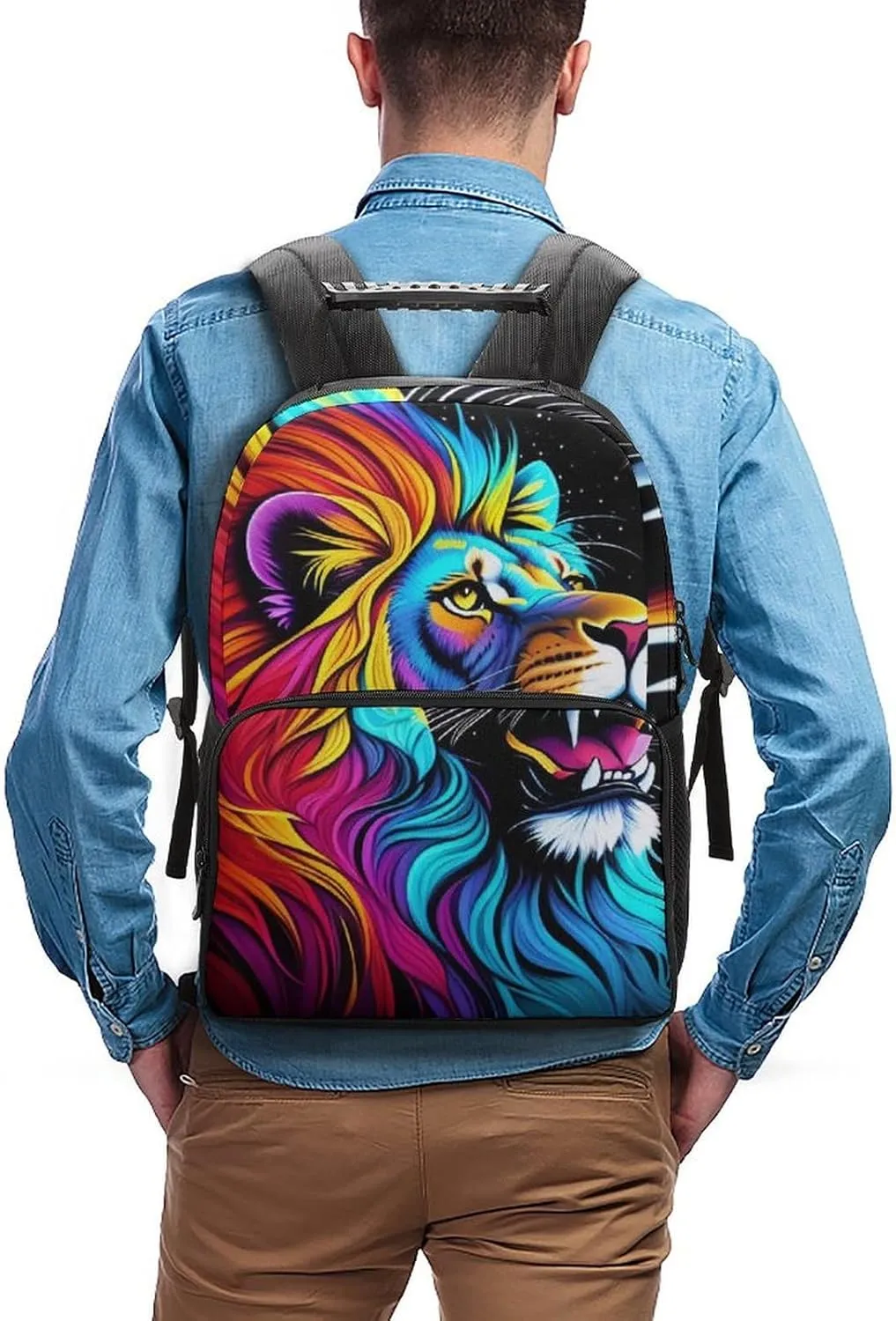 Women Men Polyester Cool Lion In The Universe Surreal Style Splatter Art Casual Daypack Large Capacity Bookbag With Side Pockets for Sports Picnic Walking Cycling