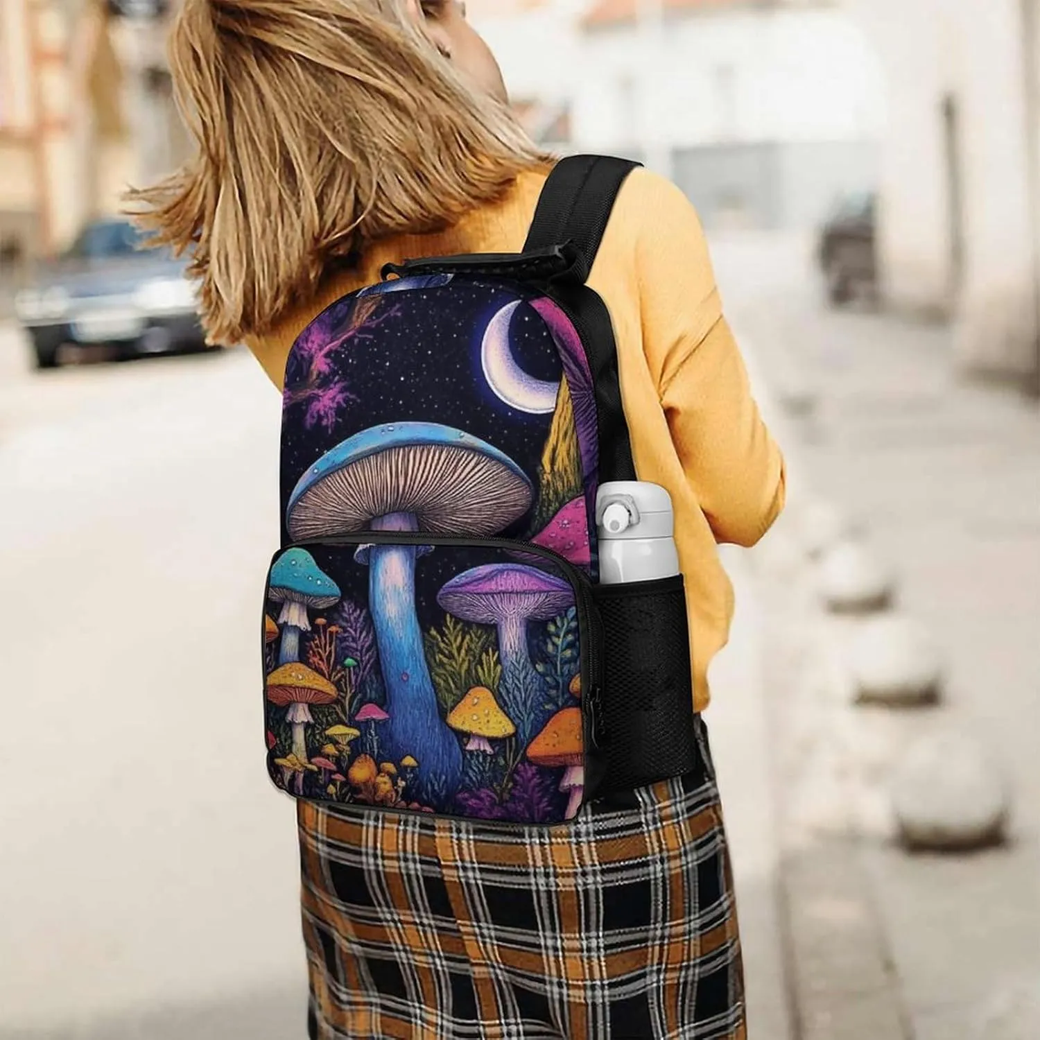 Women Men Polyester Magic Mushroom Mushrooms Scenery Casual Daypack Large Capacity Bookbag With Side Pockets for Sports Picnic Walking Cycling