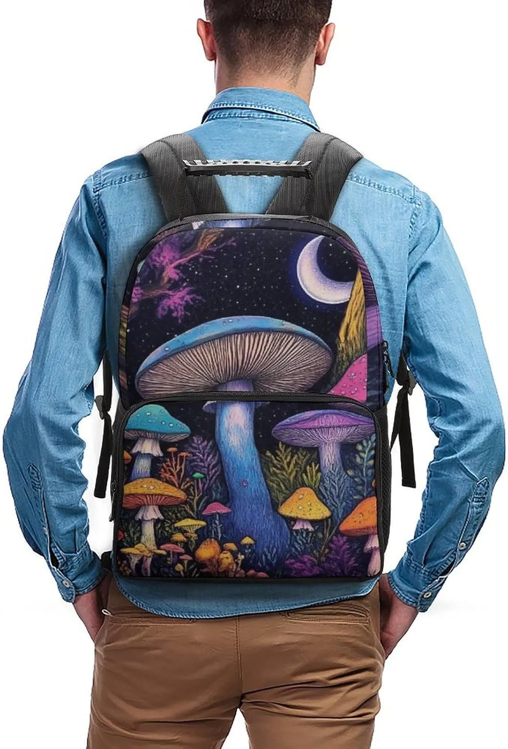 Women Men Polyester Magic Mushroom Mushrooms Scenery Casual Daypack Large Capacity Bookbag With Side Pockets for Sports Picnic Walking Cycling