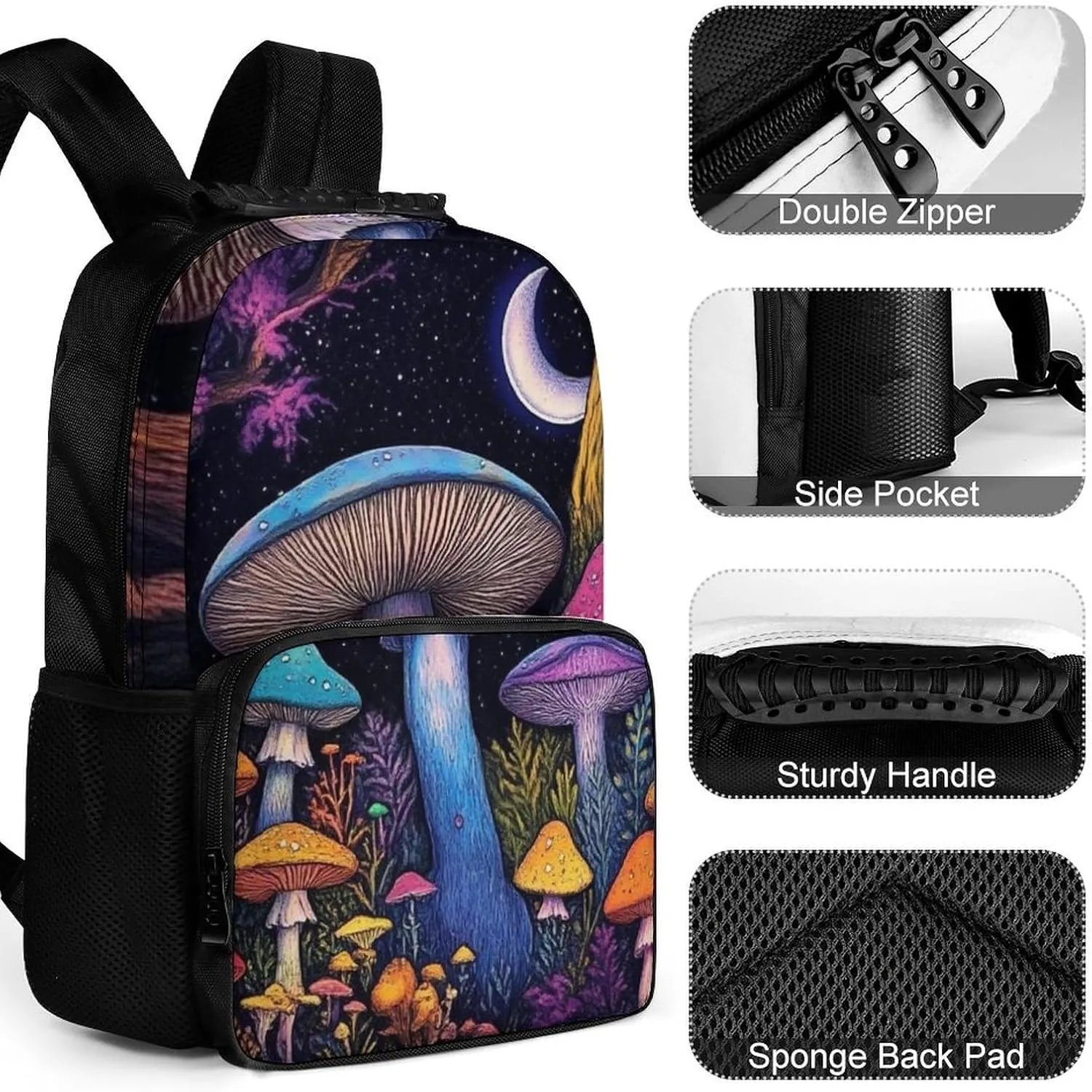 Women Men Polyester Magic Mushroom Mushrooms Scenery Casual Daypack Large Capacity Bookbag With Side Pockets for Sports Picnic Walking Cycling