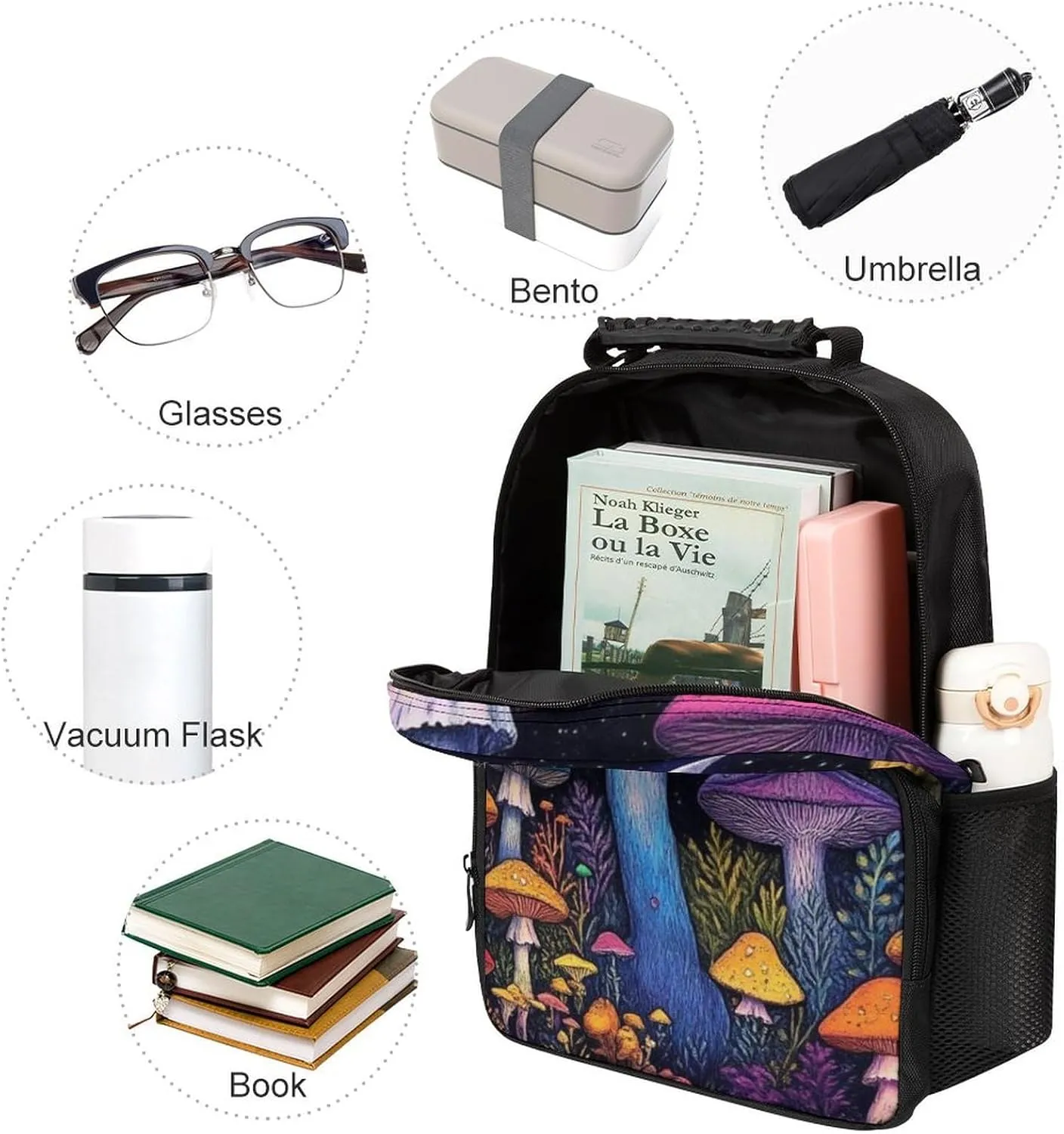 Women Men Polyester Magic Mushroom Mushrooms Scenery Casual Daypack Large Capacity Bookbag With Side Pockets for Sports Picnic Walking Cycling