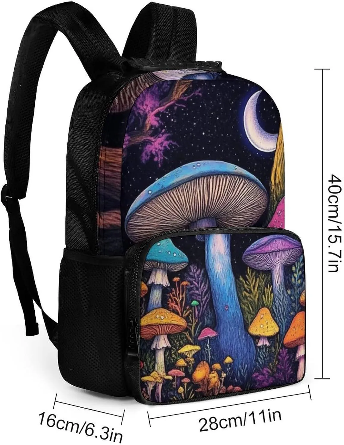 Women Men Polyester Magic Mushroom Mushrooms Scenery Casual Daypack Large Capacity Bookbag With Side Pockets for Sports Picnic Walking Cycling