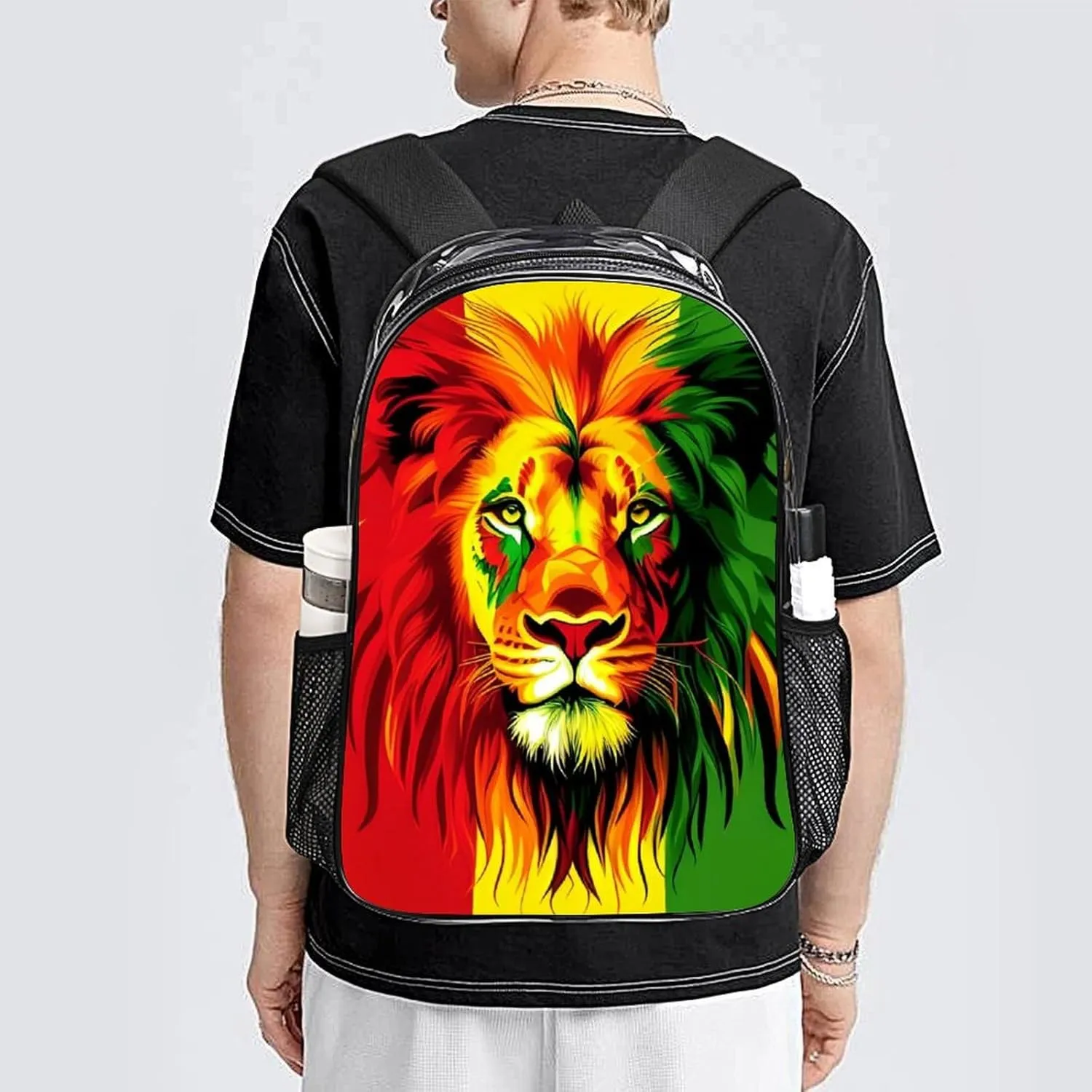 Women Men Transparent Reggae Rasta Flag Lion Casual Daypack Large Capacity Bookbag With Side Pockets for Sports Picnic Walking Cycling