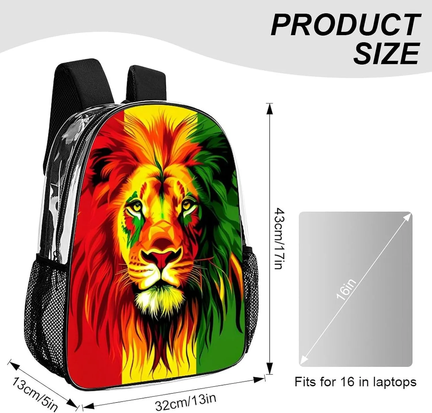 Women Men Transparent Reggae Rasta Flag Lion Casual Daypack Large Capacity Bookbag With Side Pockets for Sports Picnic Walking Cycling