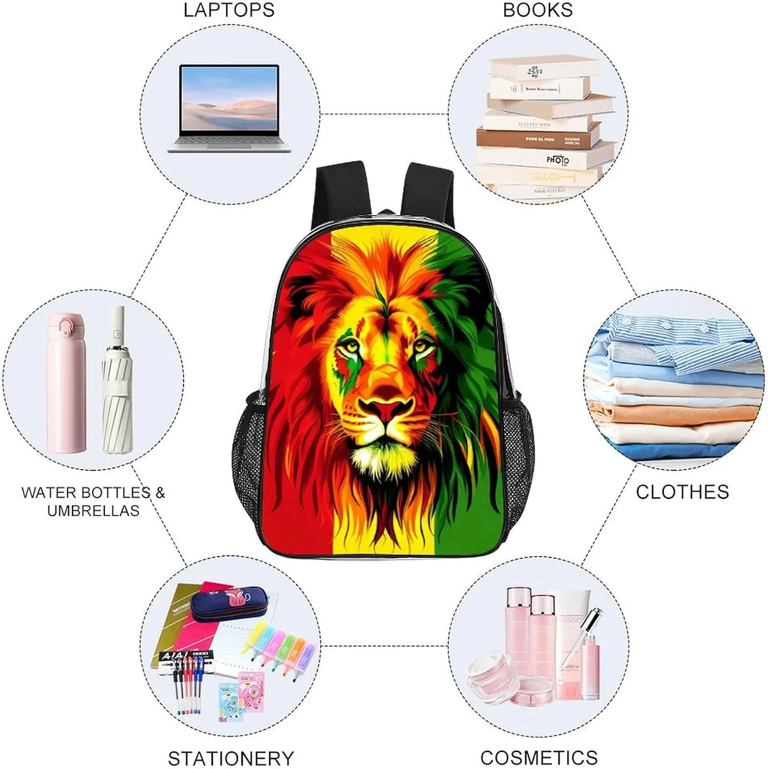 Women Men Transparent Reggae Rasta Flag Lion Casual Daypack Large Capacity Bookbag With Side Pockets for Sports Picnic Walking Cycling