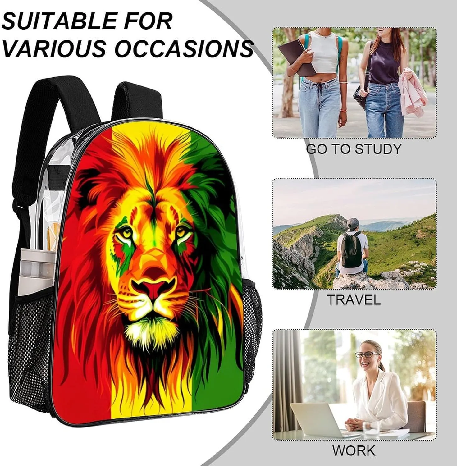 Women Men Transparent Reggae Rasta Flag Lion Casual Daypack Large Capacity Bookbag With Side Pockets for Sports Picnic Walking Cycling