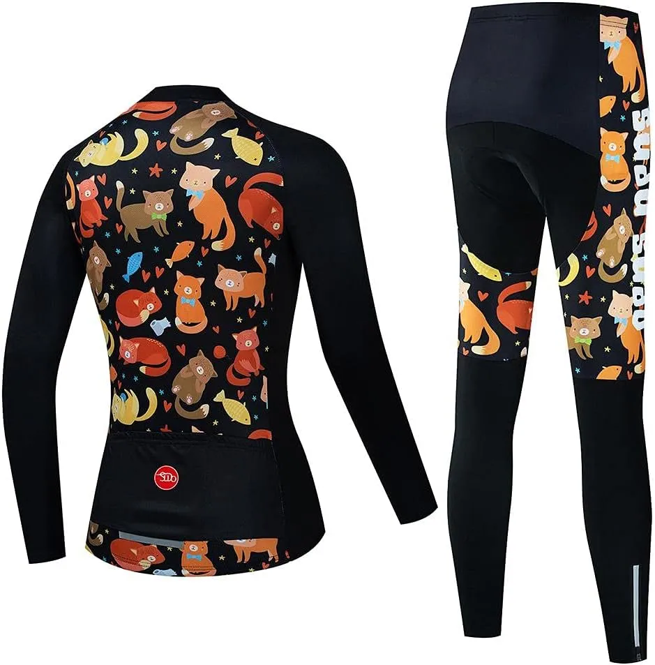 Women's Cycling Clothing Set Long Sleeve Road Bike Shirt Cycling Jersey Bicycle Pants with Gel Padded