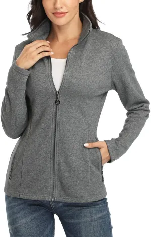 Women's Full-zip Jacket Stand Collar Sweatshirt Hoodless Cotton Slim Fit Running Jackets with Pockets
