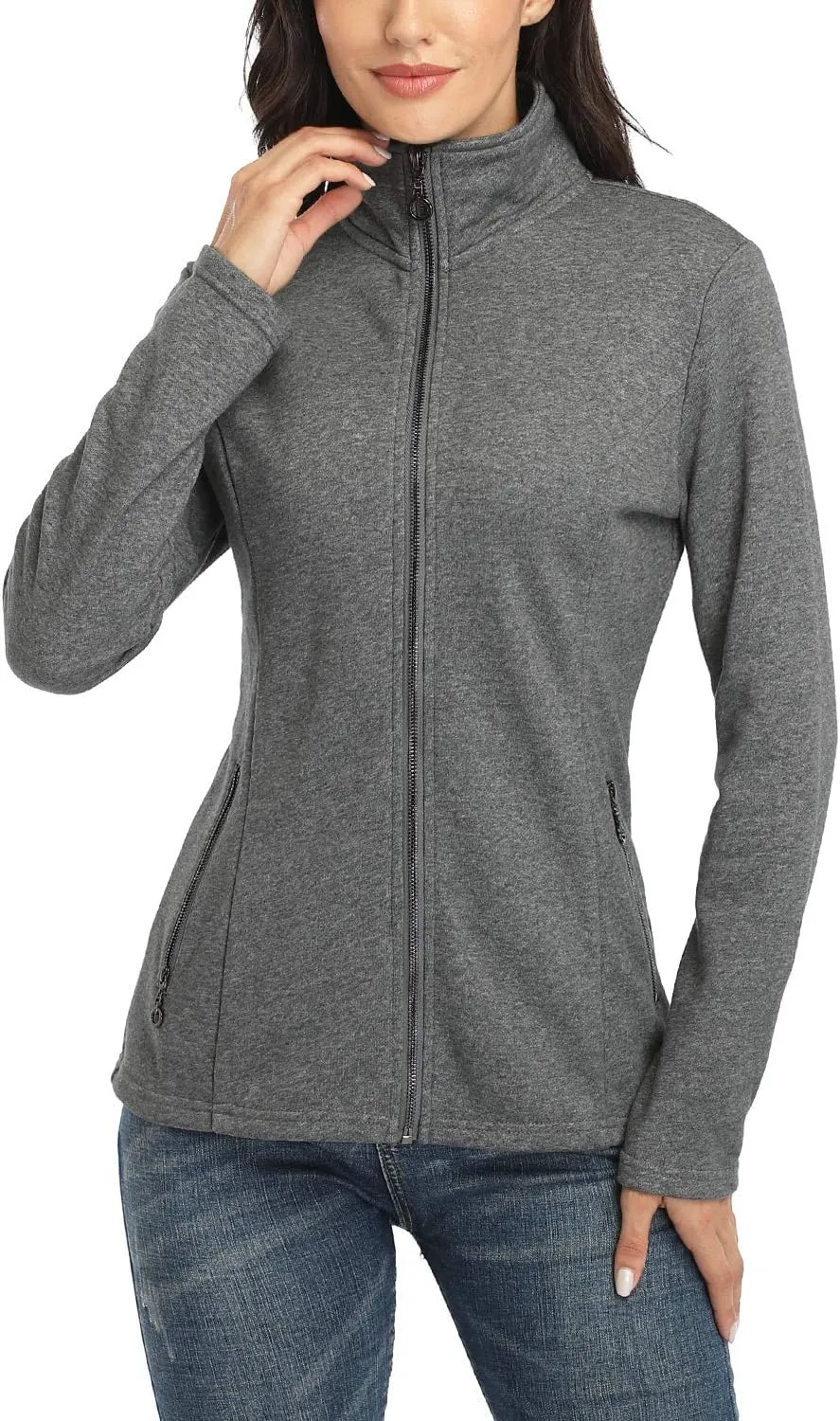 Women's Full-zip Jacket Stand Collar Sweatshirt Hoodless Cotton Slim Fit Running Jackets with Pockets
