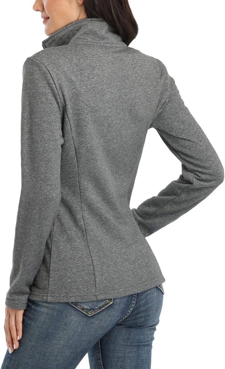 Women's Full-zip Jacket Stand Collar Sweatshirt Hoodless Cotton Slim Fit Running Jackets with Pockets