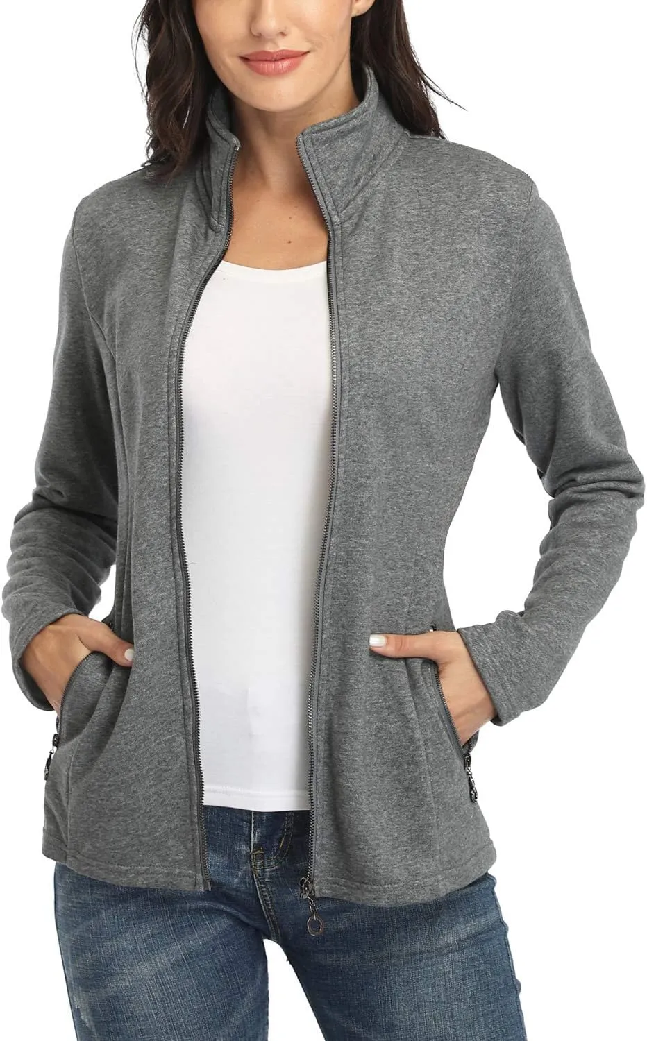 Women's Full-zip Jacket Stand Collar Sweatshirt Hoodless Cotton Slim Fit Running Jackets with Pockets