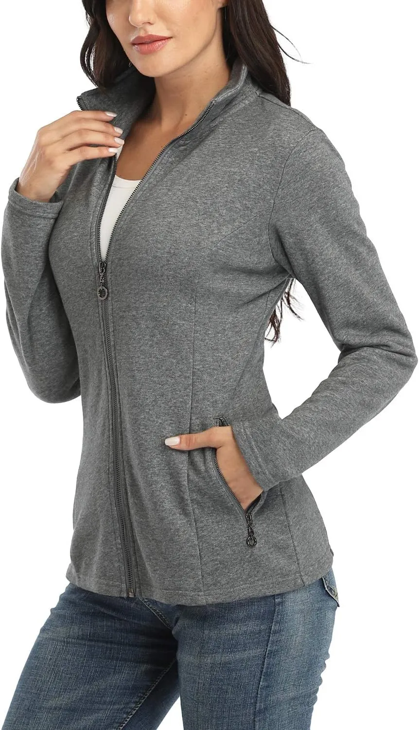 Women's Full-zip Jacket Stand Collar Sweatshirt Hoodless Cotton Slim Fit Running Jackets with Pockets
