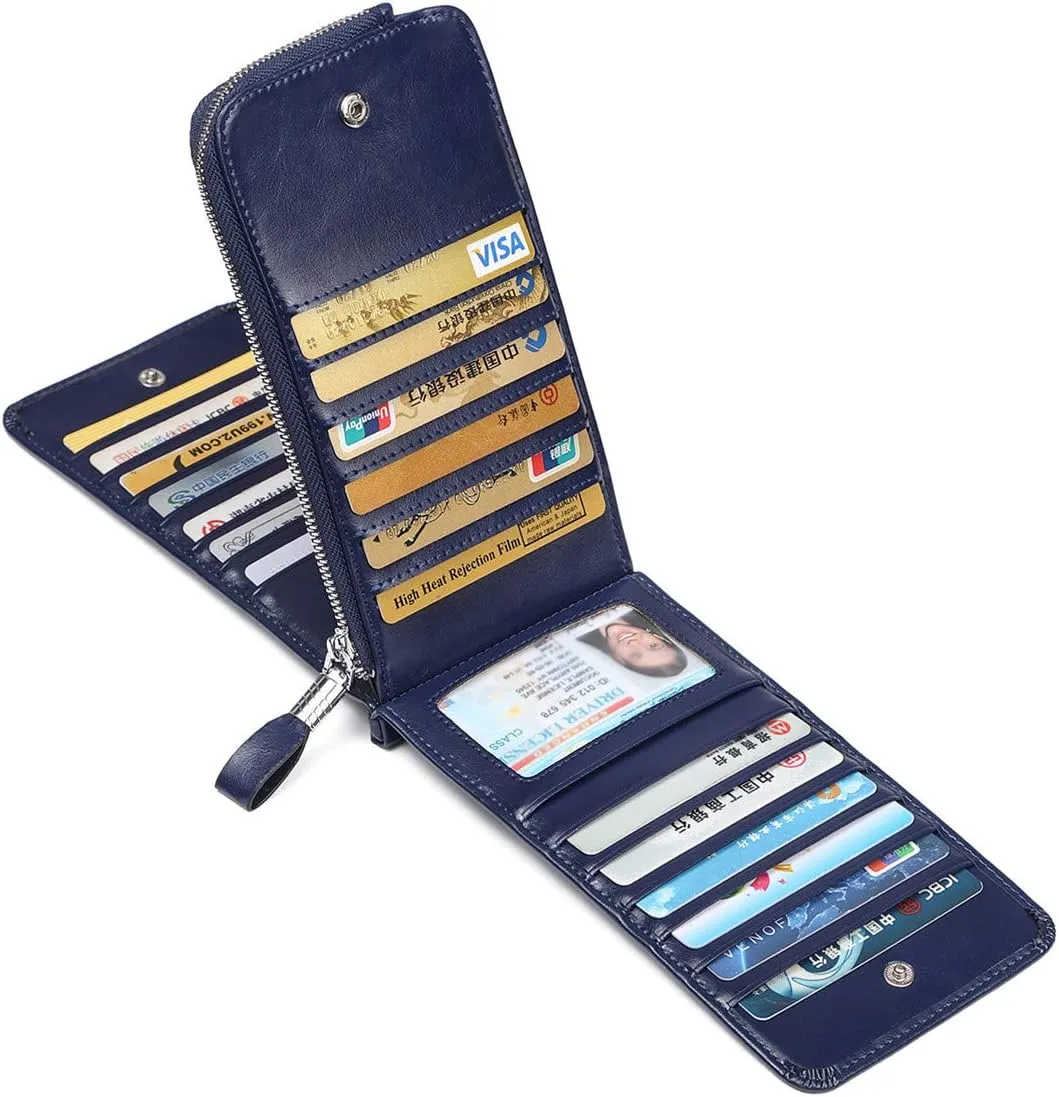 Women's Genuine Leather Credit Card Holder RFID Long Zipper Purse Wallet