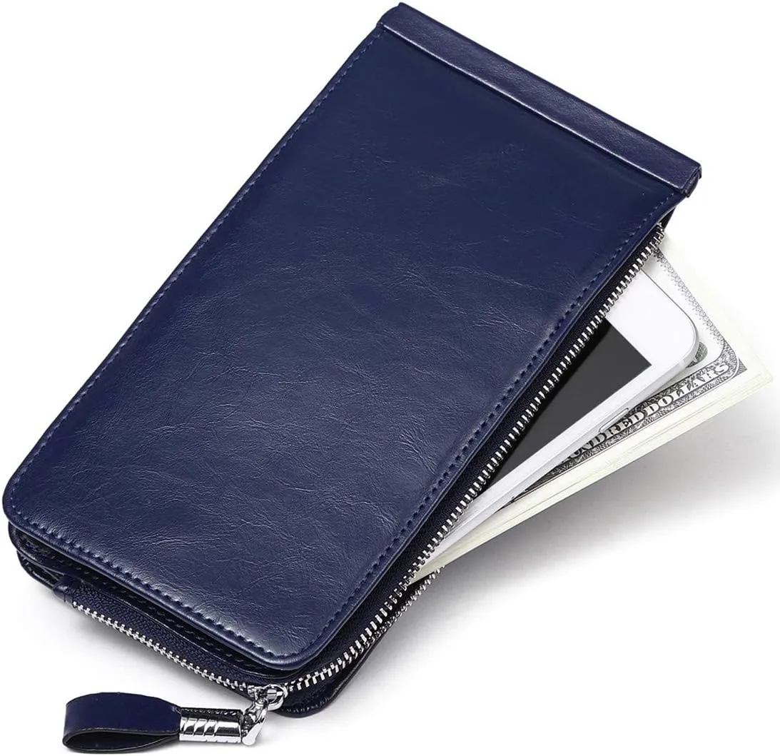 Women's Genuine Leather Credit Card Holder RFID Long Zipper Purse Wallet