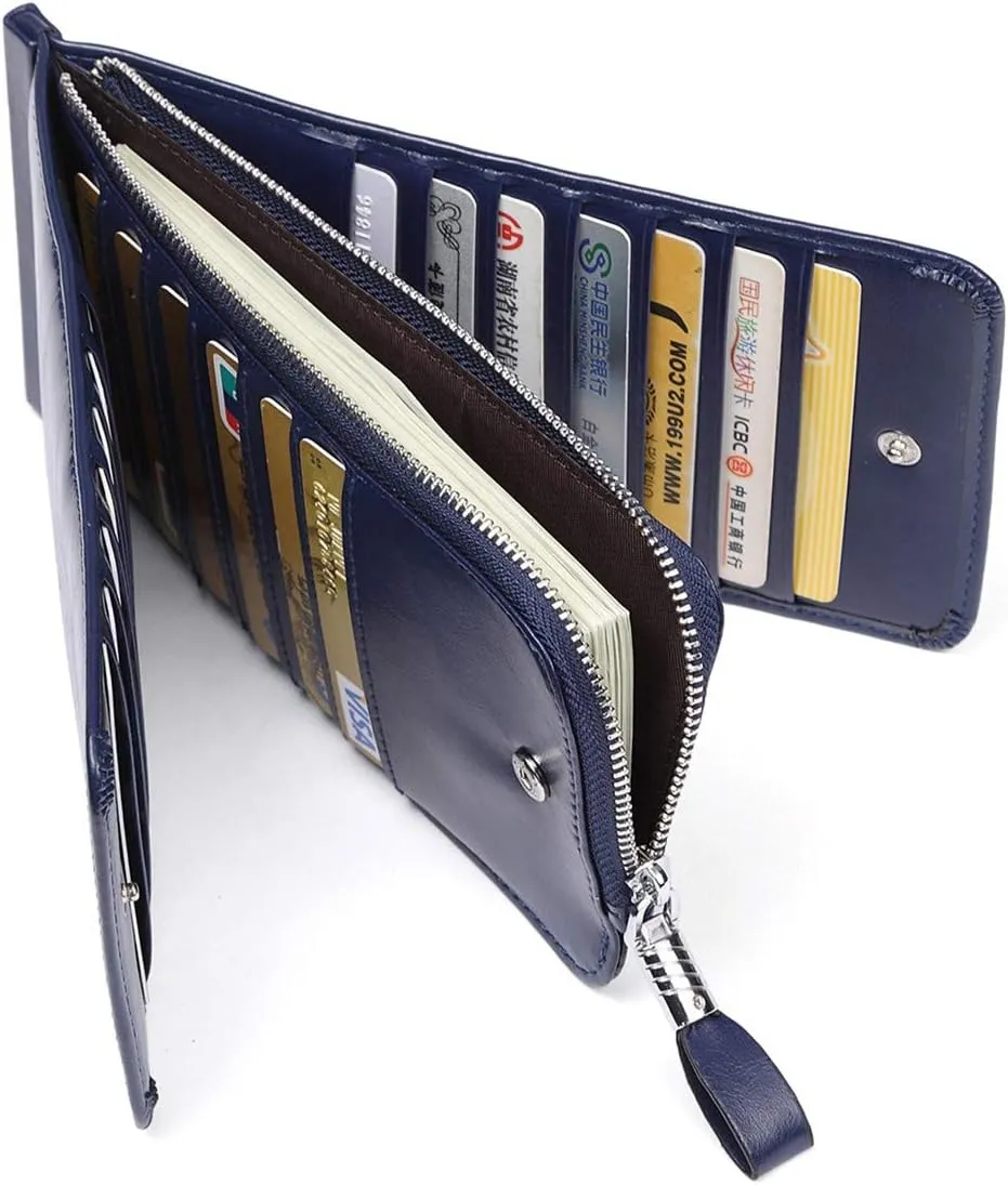 Women's Genuine Leather Credit Card Holder RFID Long Zipper Purse Wallet