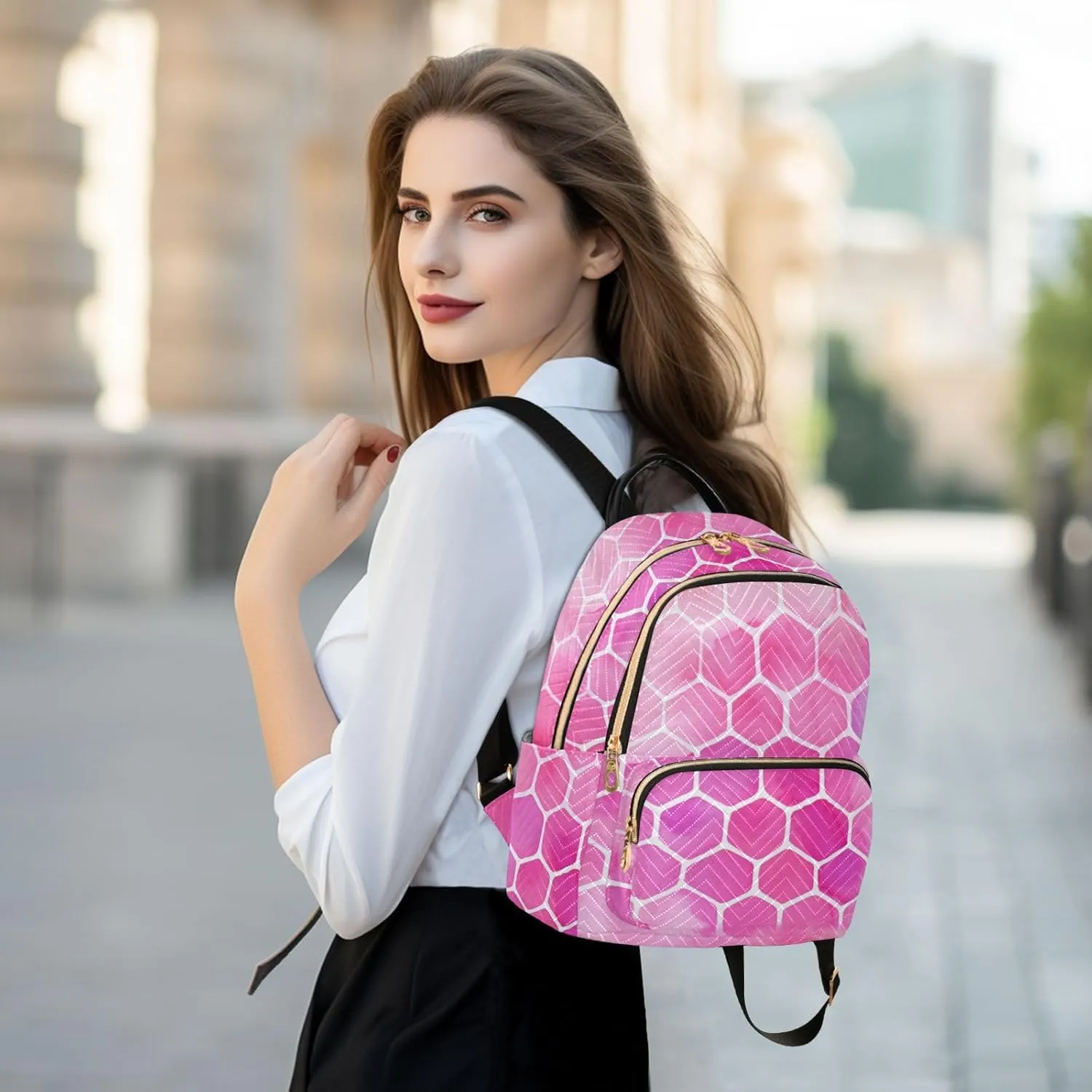 Women’s Small Fashion Backpack Red Hexagonal Grid Print Ladies Travel Daypack Aesthetic Shoulder Bag