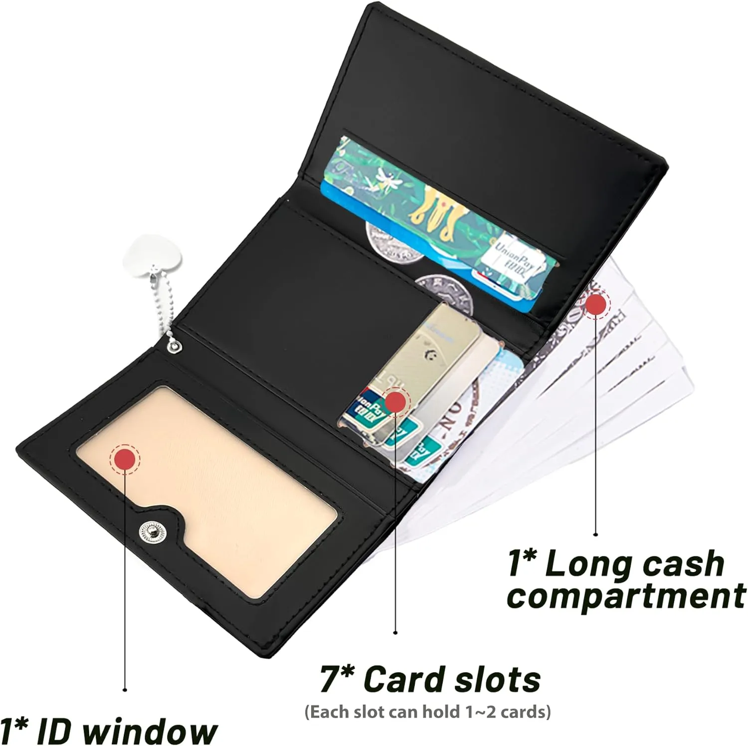 Womens Wallet Small Trifold Slim Leather Cute Wallet Cash Pocket with Heart chain Coin Purse ID Window Card Holder for Girls and Ladies (Black)