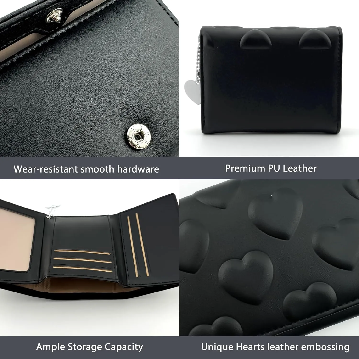 Womens Wallet Small Trifold Slim Leather Cute Wallet Cash Pocket with Heart chain Coin Purse ID Window Card Holder for Girls and Ladies (Black)