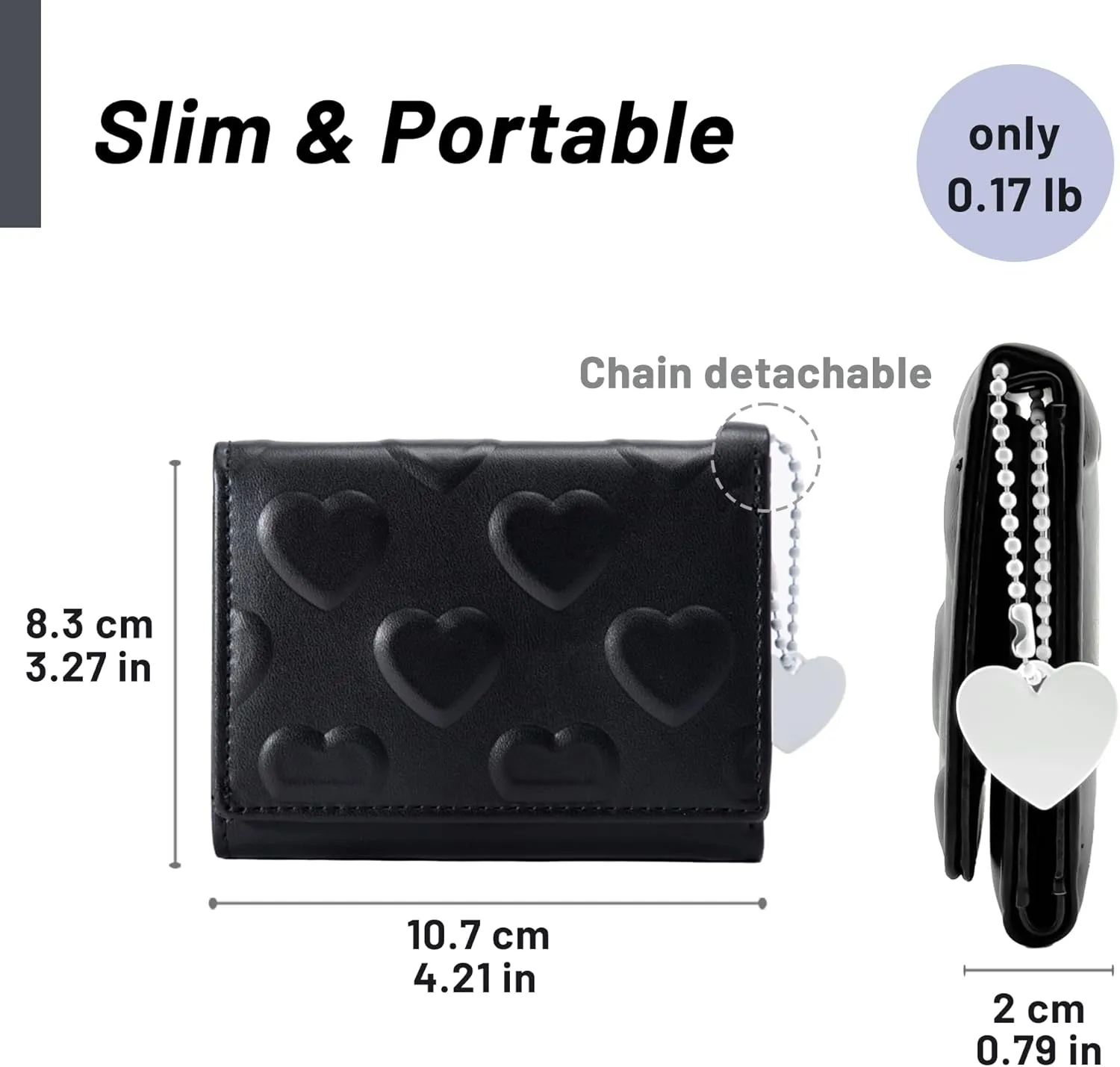 Womens Wallet Small Trifold Slim Leather Cute Wallet Cash Pocket with Heart chain Coin Purse ID Window Card Holder for Girls and Ladies (Black)