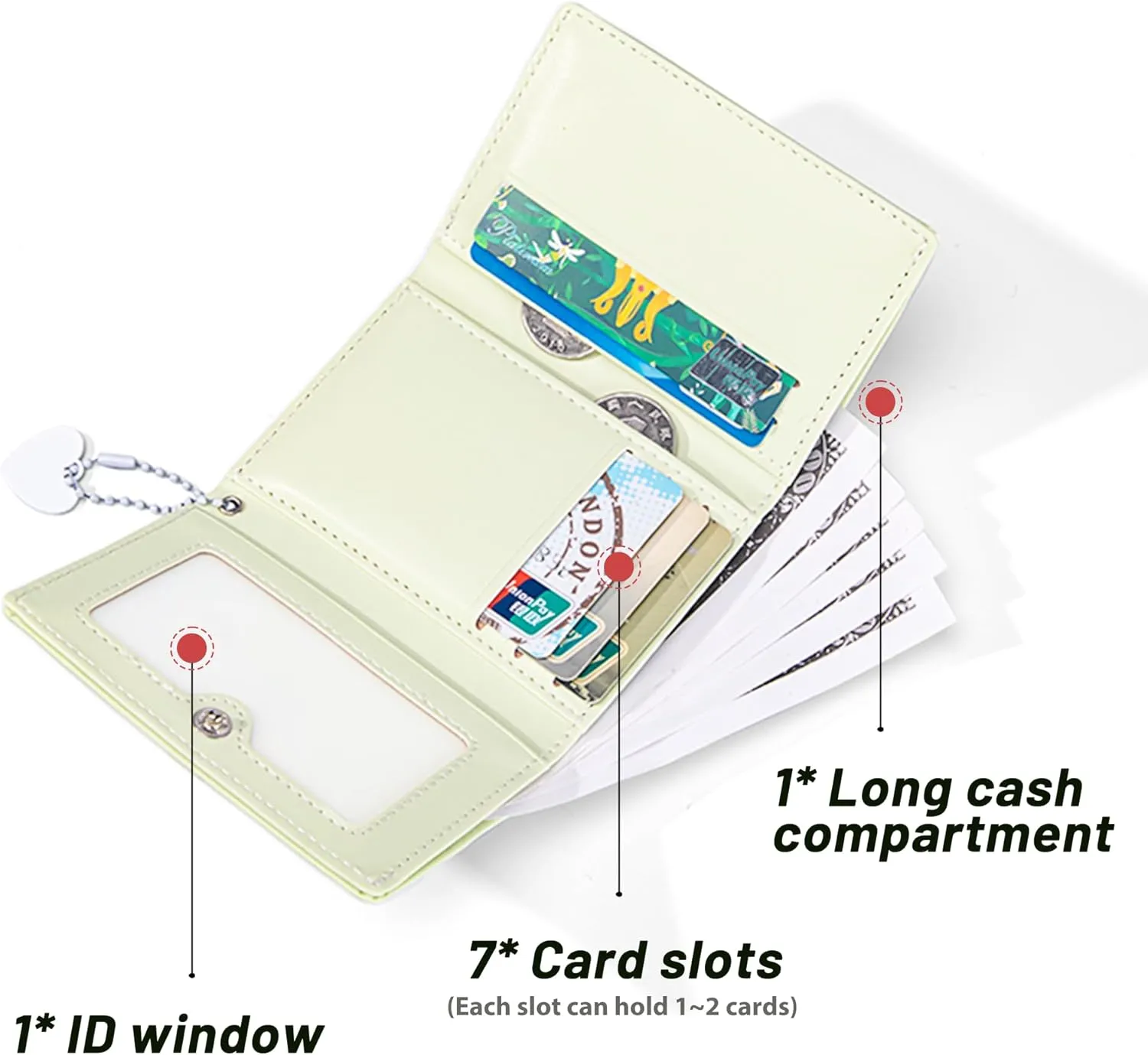 Womens Wallet Small Trifold Slim Leather Cute Wallet Cash Pocket with Heart chain Coin Purse ID Window Card Holder for Girls and Ladies (Green)