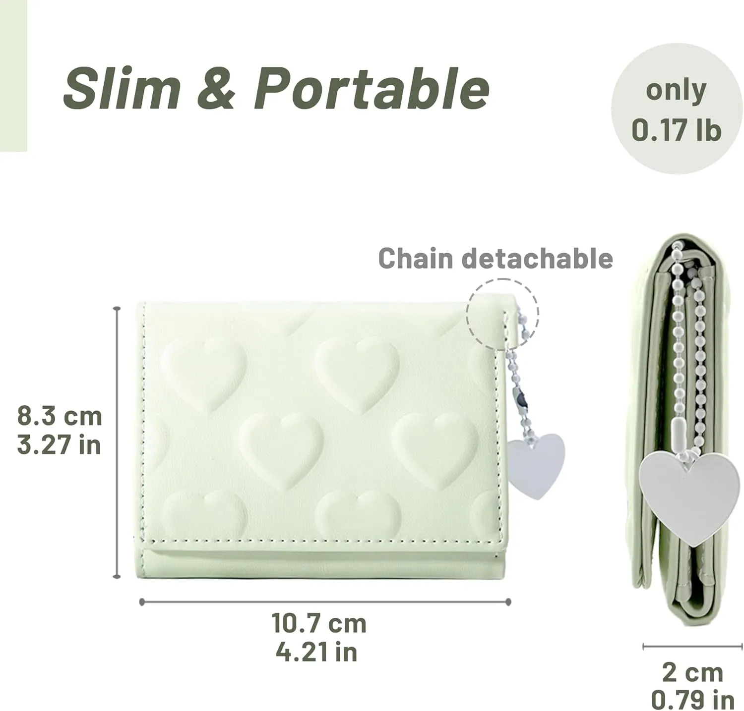 Womens Wallet Small Trifold Slim Leather Cute Wallet Cash Pocket with Heart chain Coin Purse ID Window Card Holder for Girls and Ladies (Green)