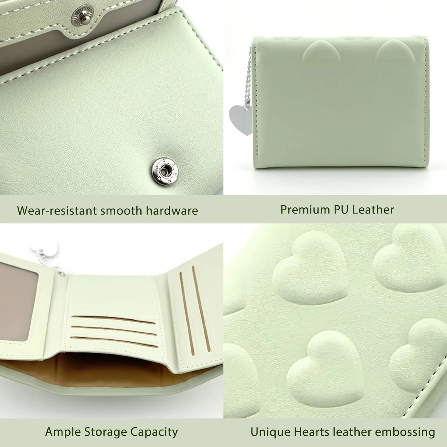 Womens Wallet Small Trifold Slim Leather Cute Wallet Cash Pocket with Heart chain Coin Purse ID Window Card Holder for Girls and Ladies (Green)