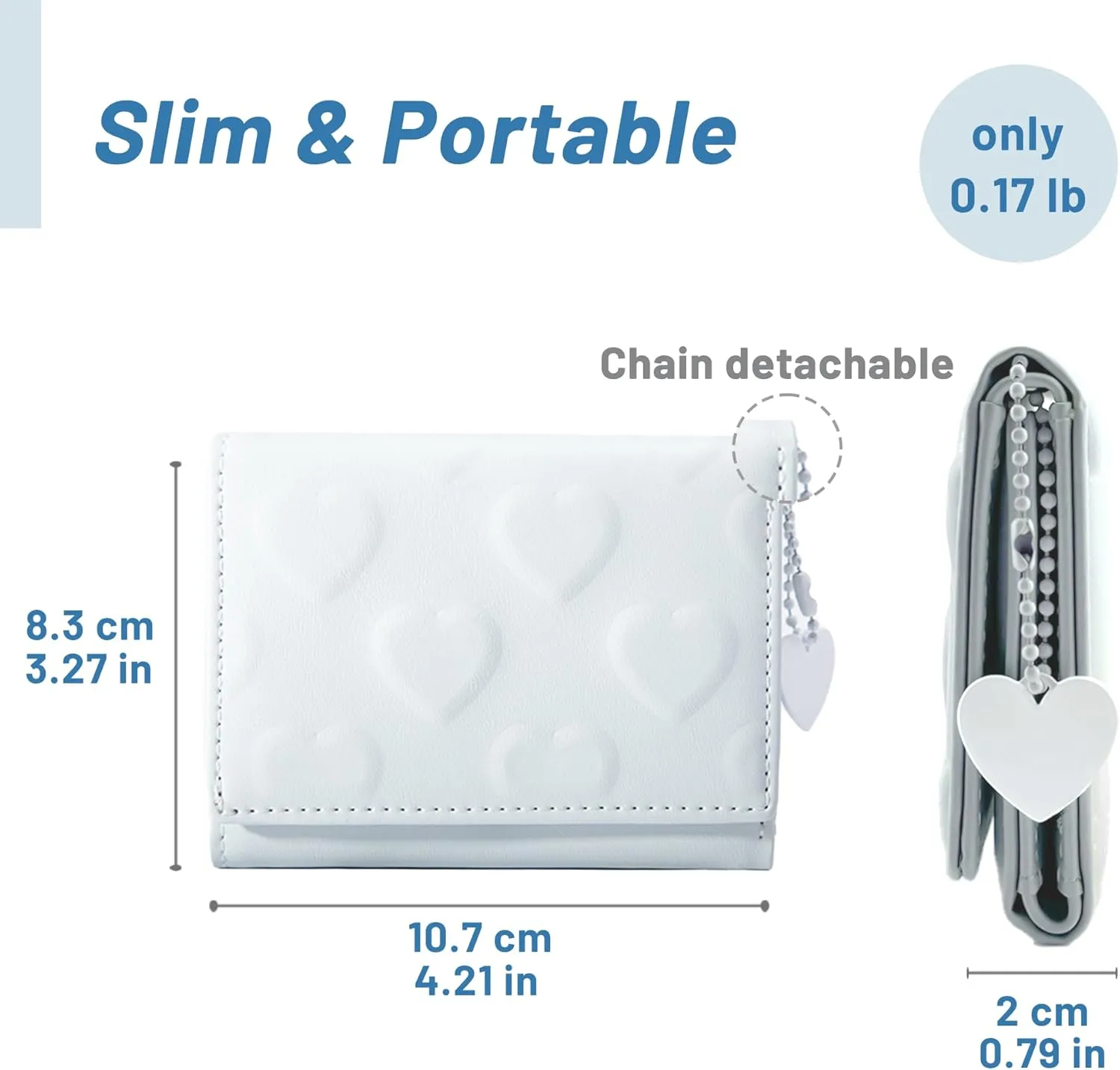 Womens Wallet, Small Trifold Slim Leather Cute Wallet Cash Pocket with Heart chain Coin Purse ID Window Card Holder for Girls and Ladies (Sky Blue)